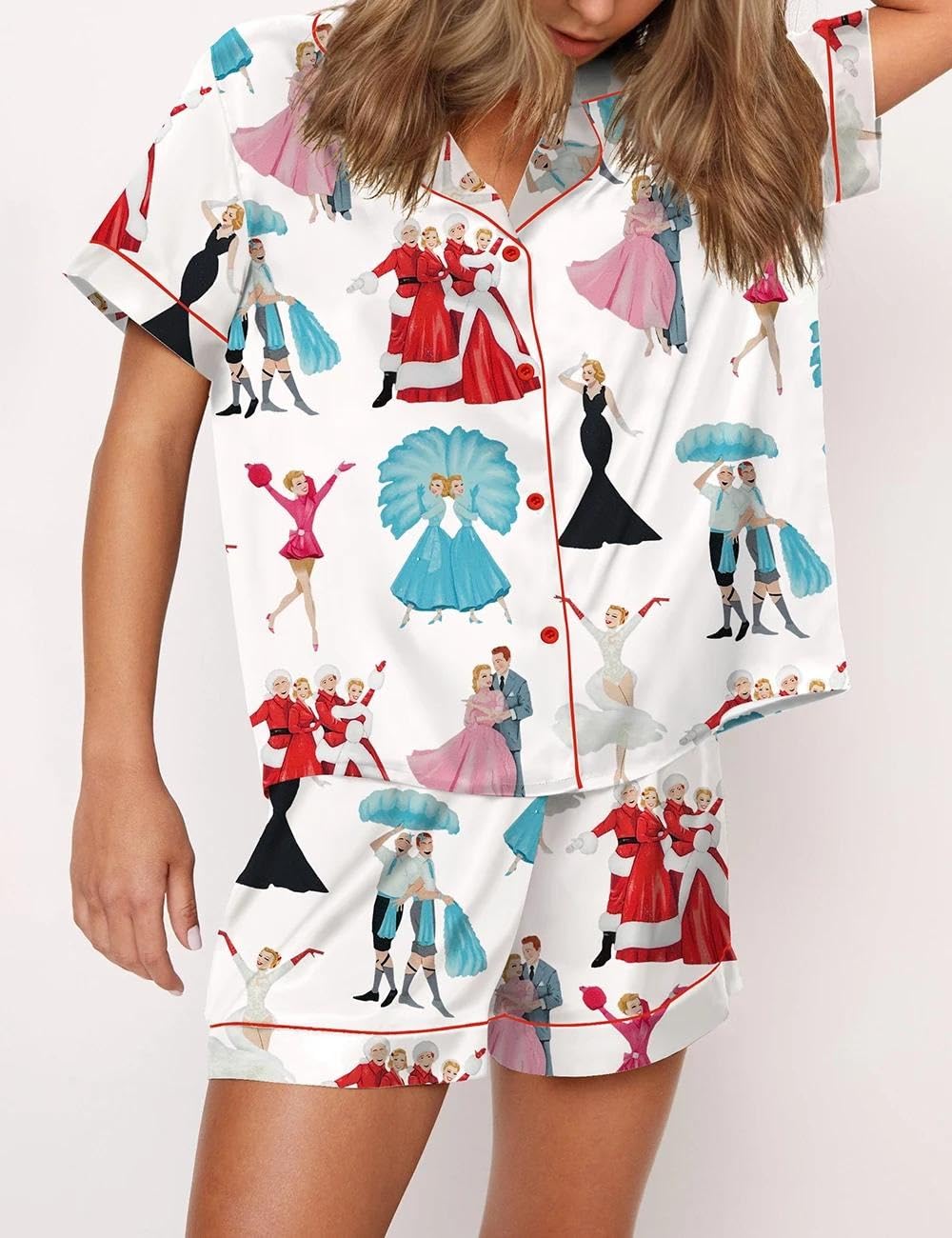 Juakoso Women's Christmas Pajama Set - Trendy Holiday Print Button Down Lounge Wear - Soft Silk Satin 2 Piece Sleepwear - Y2K Style Pajamas for Cozy Nights & Festive Family Gatherings