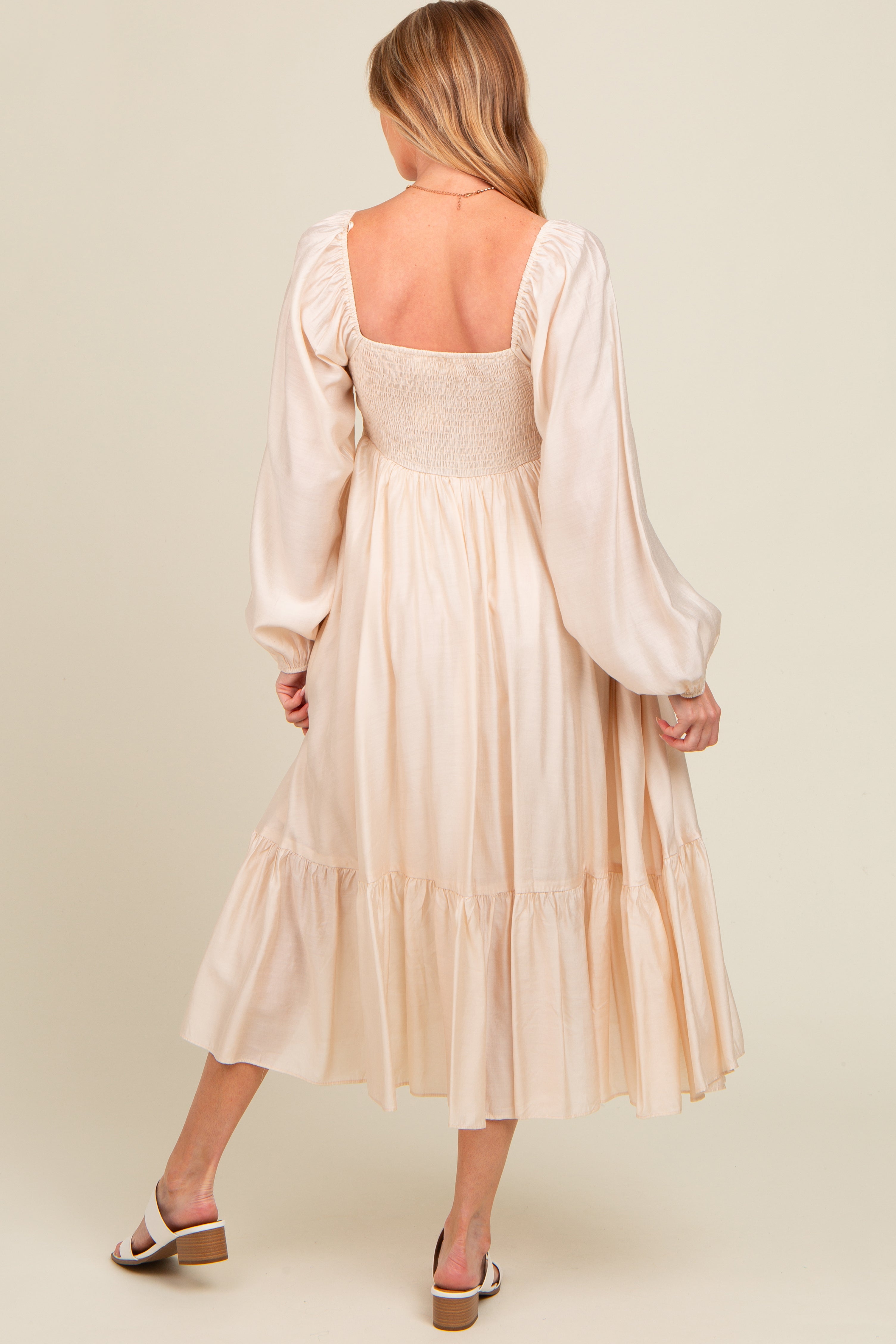 Beige Front Ruched Babydoll Maternity Midi Dress for Pregnancy - Comfortable Stretchy Nursing Dress for Baby Shower, Photoshoot & Special Occasions
