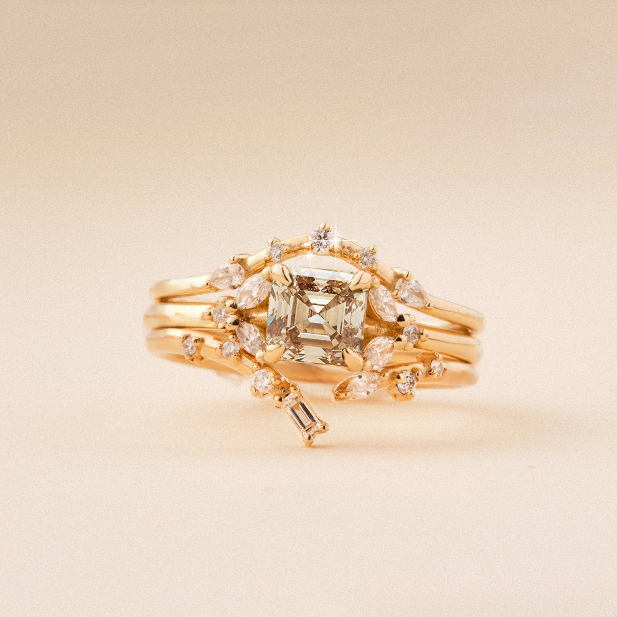 Borealis Bond Unique 14K Yellow Gold Ring with Asscher Cut & Brilliant Diamonds – Perfect for Engagement, Anniversary & Special Occasions