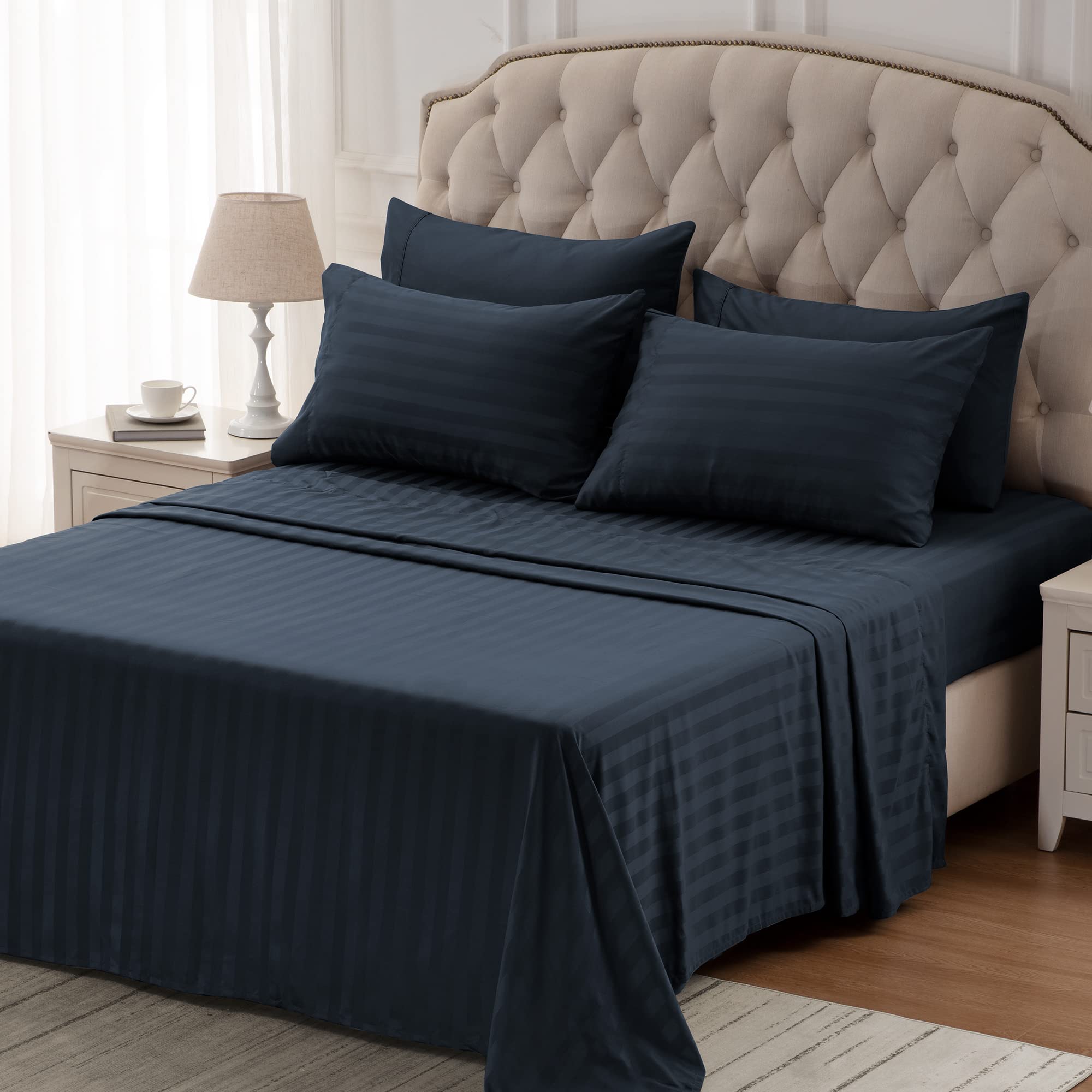 Cooling Queen Size 4-Piece Sheet Set - Super Soft Striped Fitted & Flat Sheets with Pillowcases - Breathable, Easy Care, Deep Pocket - Navy Blue - Perfect for Hot Sleepers & Summer Nights