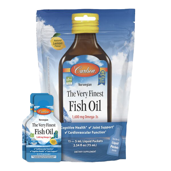 Carlson Labs The Very Finest Fish Oil 1600mg Omega-3s - Natural Lemon Flavor (15 Packets, 5ml Each) for Heart, Brain & Joint Health | Easy-Swallow Softgels for Daily Supplement Routine