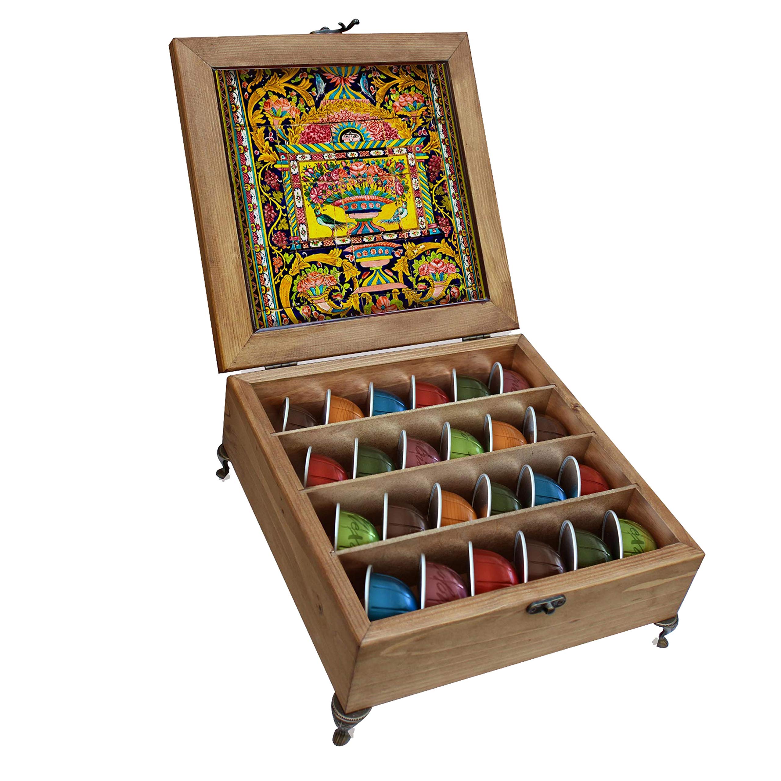 Joli Vita Coffee Pods Holder - Keurig K-Cup & Nespresso Capsule Organizer, Tea Box Storage Chest for Tea Bags - Compact Countertop Organizer for Kitchen, Office or Coffee Station (Lady Sun Design)