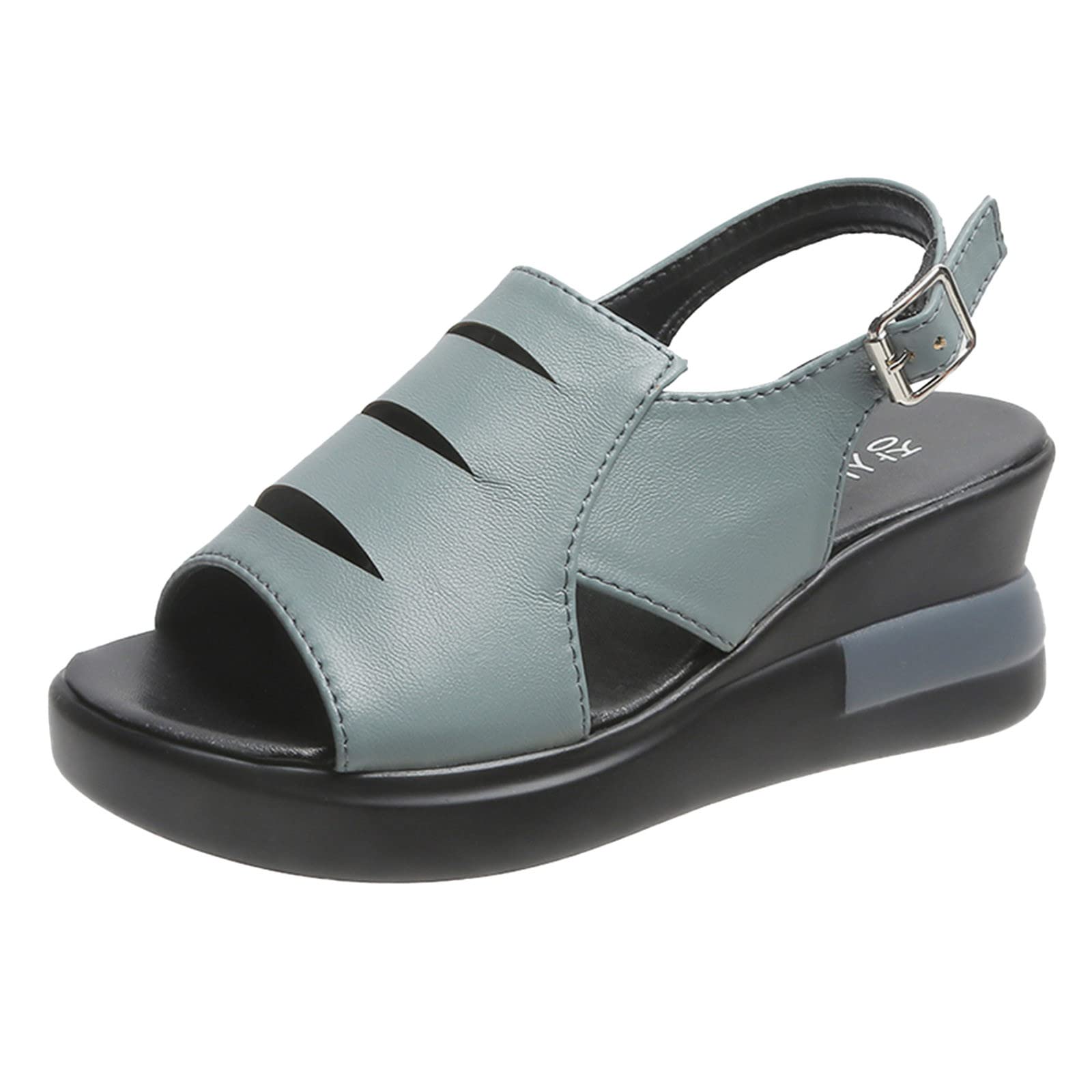 Women's Fashion Wedge Sandals - Dressy Summer Flat Sandals with Non-Slip Buckle Strap | Breathable Open-Toe Artificial Leather | Perfect for Beach, Vacation & Casual Outings (Green)