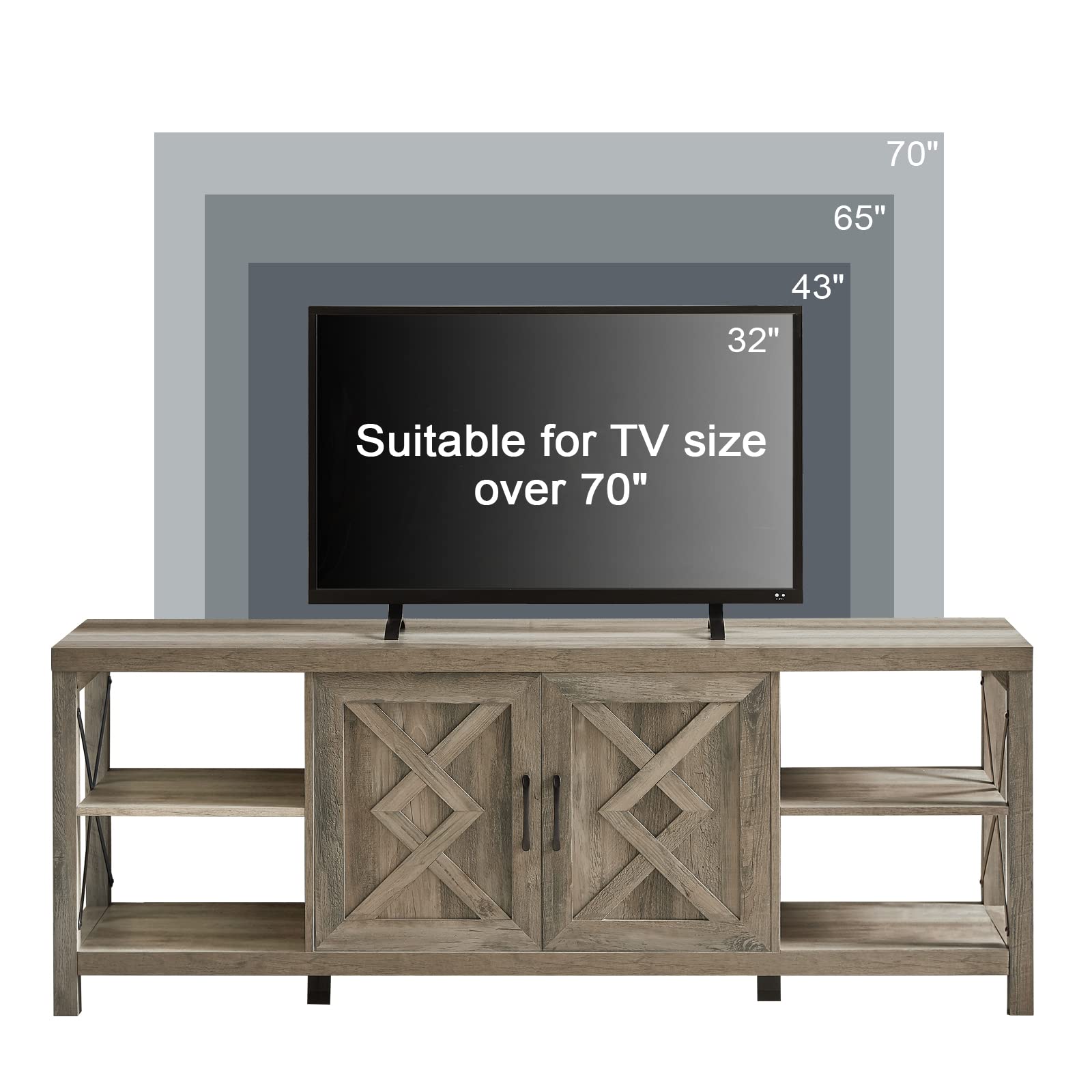 75 Inch TV Stand with Storage - 65 Inch Width Wood Entertainment Center for 65 70 75+ Inch TVs - Soft Closing Door Hinges & Grey Wash Finish - Perfect for Living Room, Bedroom, or Home Theater Setup
