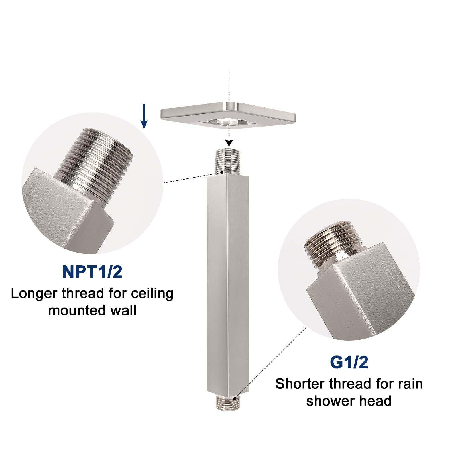 NearMoon 6 Inch Brushed Nickel Ceiling Mounted Shower Arm with Flange - 1/2 NPT Universal Connection for Fixed Rain Shower Head - Thick Stainless Steel Construction - Perfect for Modern Bathroom & Spa Shower Renovations