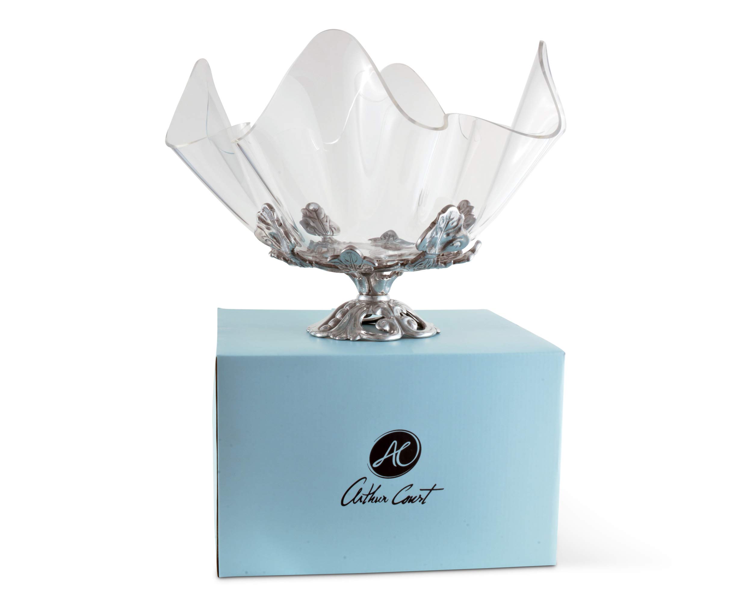 Arthur Court Designs 14-Inch Aluminum Metal Fleur-De-Lis Stand with Acrylic Serving Bowl - 12.5 Inch Tall - Elegant Table Centerpiece for Weddings, Parties & Home Decor