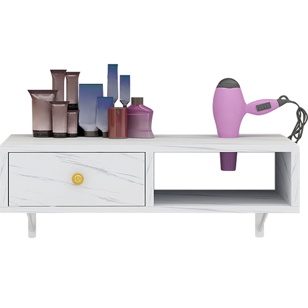 White Marble Wooden Wall Mounted Salon Styling Station with Sliding Drawer - Hair Dryer Holder & Organizer for Styling Products - Perfect for Home Salon Decor & Professional Beauty Spaces