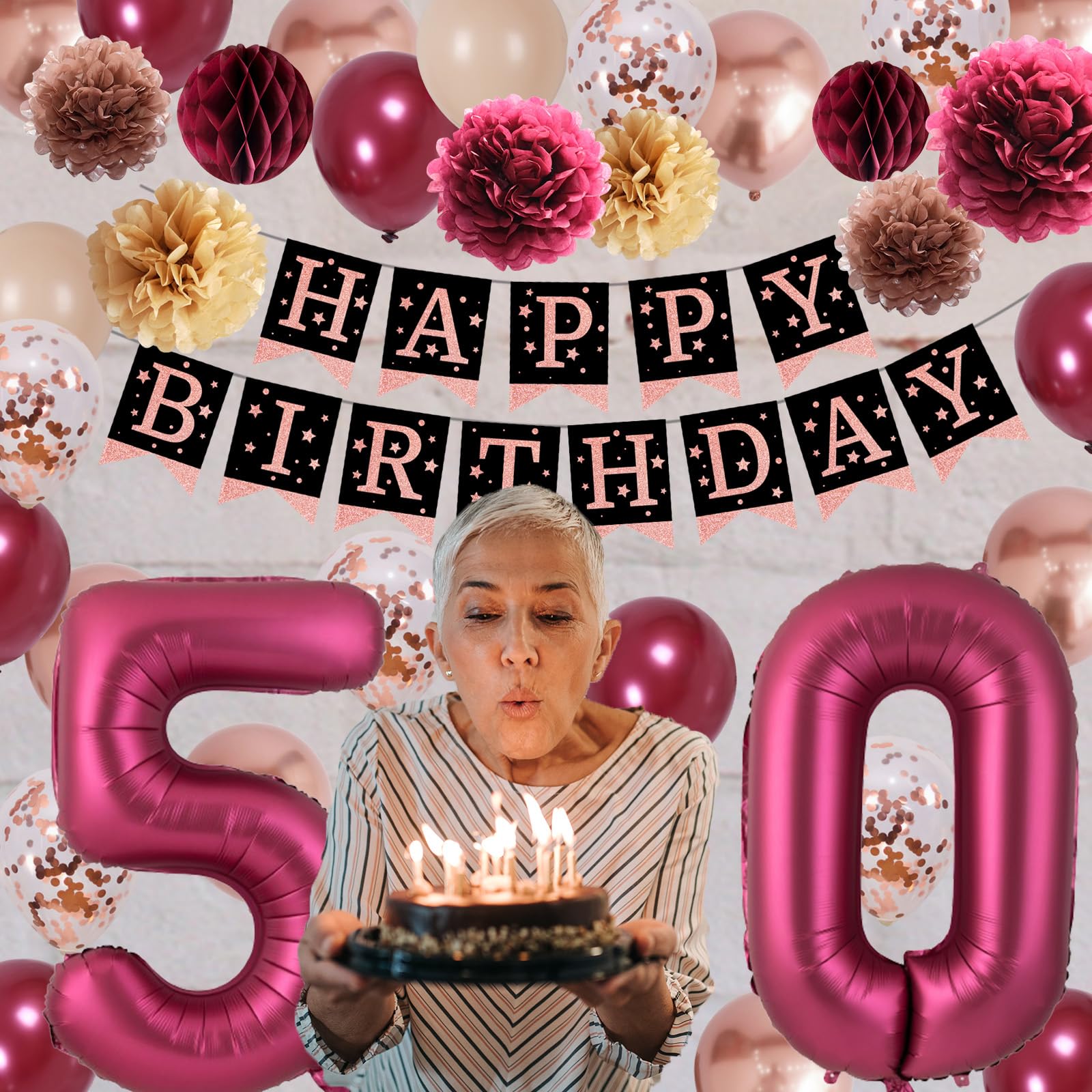 50th Birthday Party Decorations for Women - Burgundy Gold Happy Birthday Supplies with Confetti Balloons & Paper Pompoms | Perfect for Milestone Celebrations, Retirement Parties & Surprise Gatherings