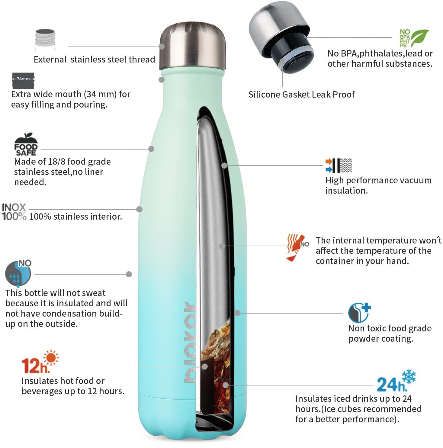 BJPKPK 17oz Insulated Stainless Steel Water Bottle - 24 Hours Cold & 12 Hours Hot Retention, BPA Free, Leak Proof, Perfect for Gym, Hiking, Travel & Outdoor Activities (Mint Green)