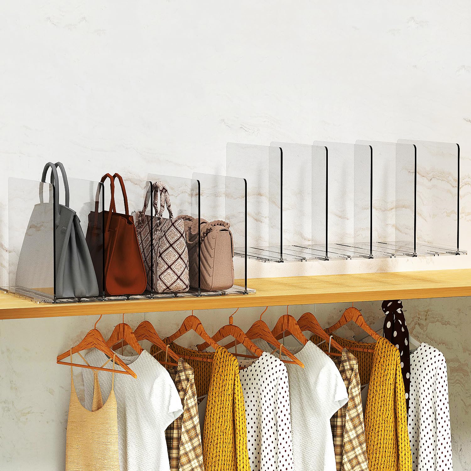 Clear Acrylic Shelf Dividers for Closet Organizer - Adjustable Purse & Handbag Organizer for Bedroom, Bookshelf, Wardrobe (2 Pack, 5 Dividers) - Perfect for Organizing Clothes, Purses, Shoes & Accessories in Closets & Shelves