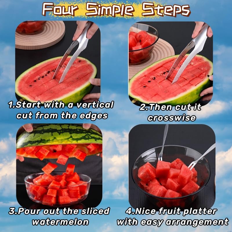 Stainless Steel Watermelon Cutter & Slicer - Easy Cube & Ball Cutter with 2 Fruit Forks - Perfect for Summer BBQs, Picnics & Healthy Snacks