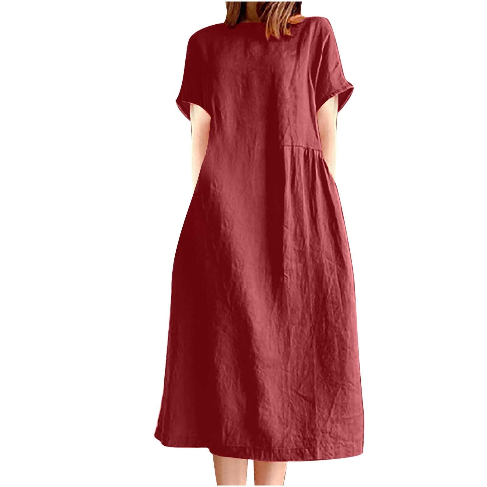 YZHM Women's Short Sleeve Crewneck Cotton Linen Dress - Solid Color Casual Loose Summer Midi Dress - Comfortable Daily Wear Long Dress for Beach, Vacation & Outdoor Activities