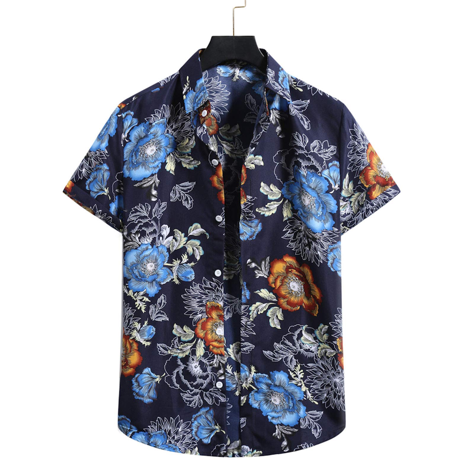 AMZFDC Men's Short Sleeve Hawaiian Beach Flower Cardigan - Lightweight Turtleneck Shirt for Men & Women (Blue, Size S) - Perfect for Beach Vacations, Summer Parties & Casual Outings