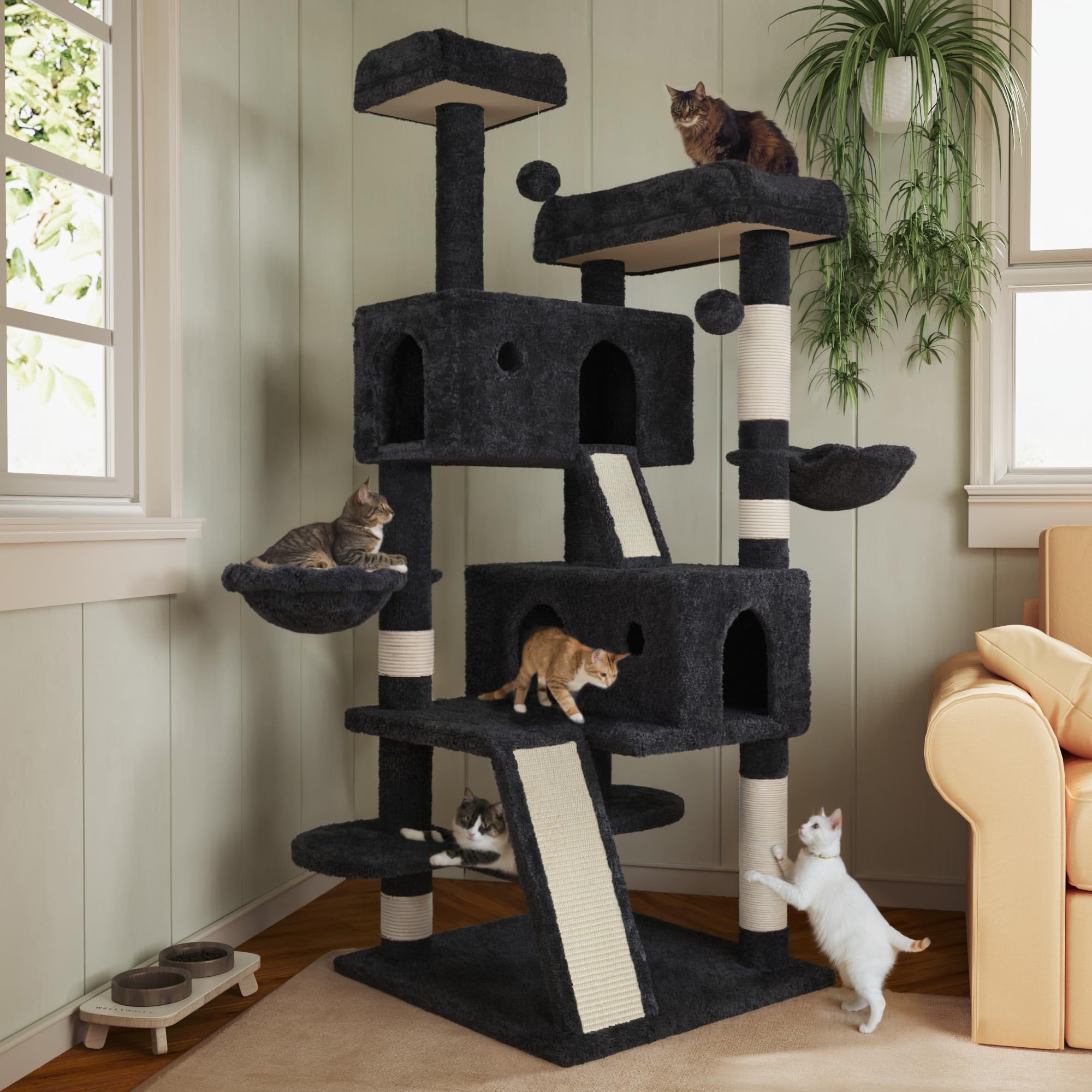 66 Inches Multi-Level Large Cat Tree Tower for Indoor Big Cats - Cozy Plush Perches, Condo, Sisal Scratching Posts, Hammock & Baskets - Activity Center Play House with Wide Base (Dark Grey) - Perfect for Play, Rest & Scratching in Living Rooms & Pet Spaces