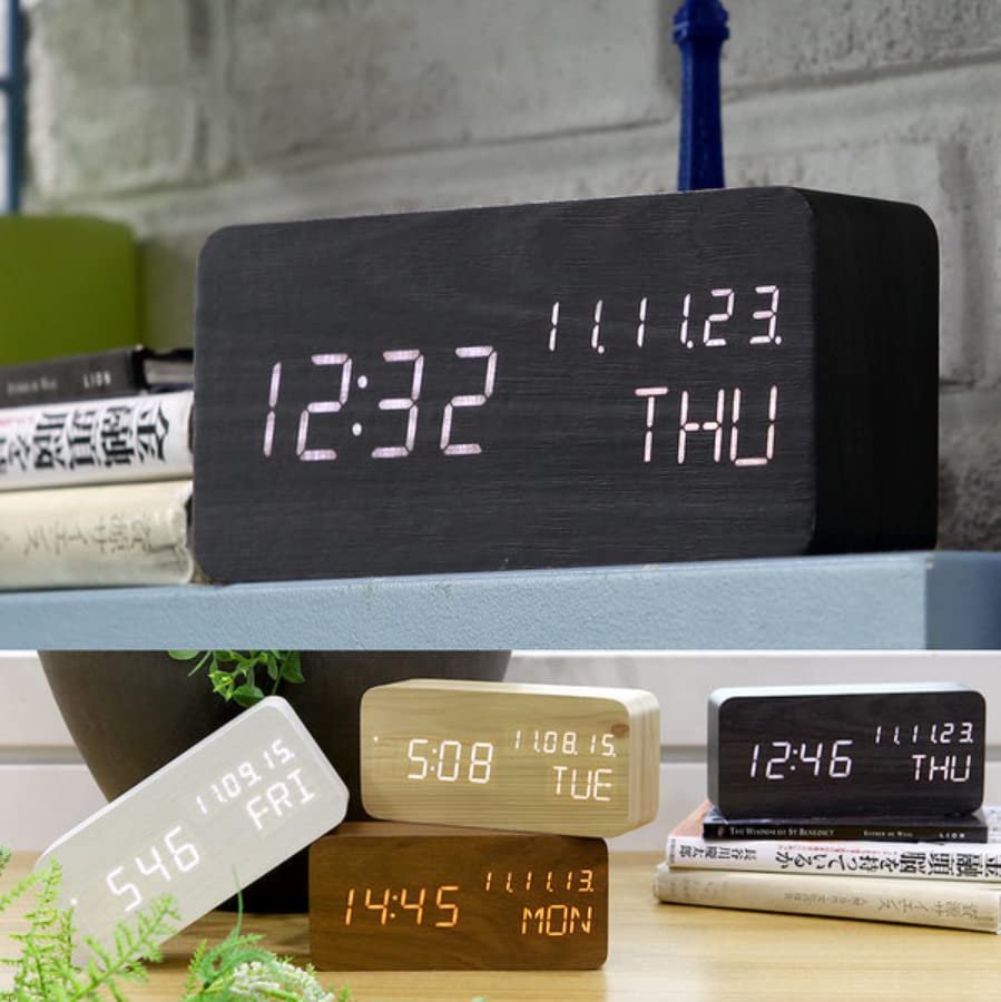**Wooden Digital Alarm Clock with Large LED Display - Shows Time, Date (MM/DD/YY), Day, Temperature & Nightlight - Portable for Bedroom, Office, School, Home - Perfect for Nightstands, Desks & Travel (Black)**
