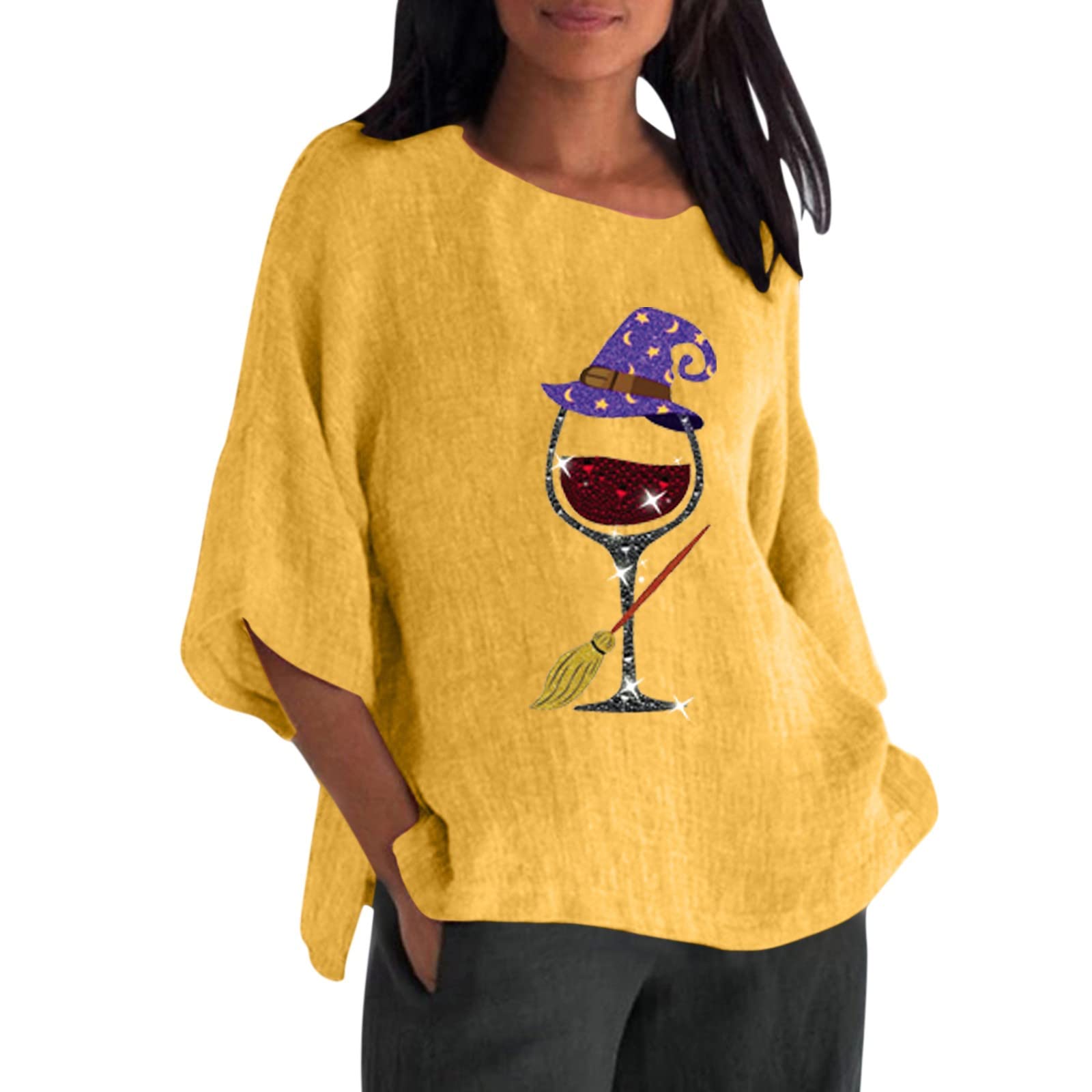 UNIROSE Women's Halloween Pumpkin Print 3/4 Sleeve Loose Fit T-Shirt - Breathable Casual Top for Fall Festivals, Pumpkin Patch Visits & Autumn Outings