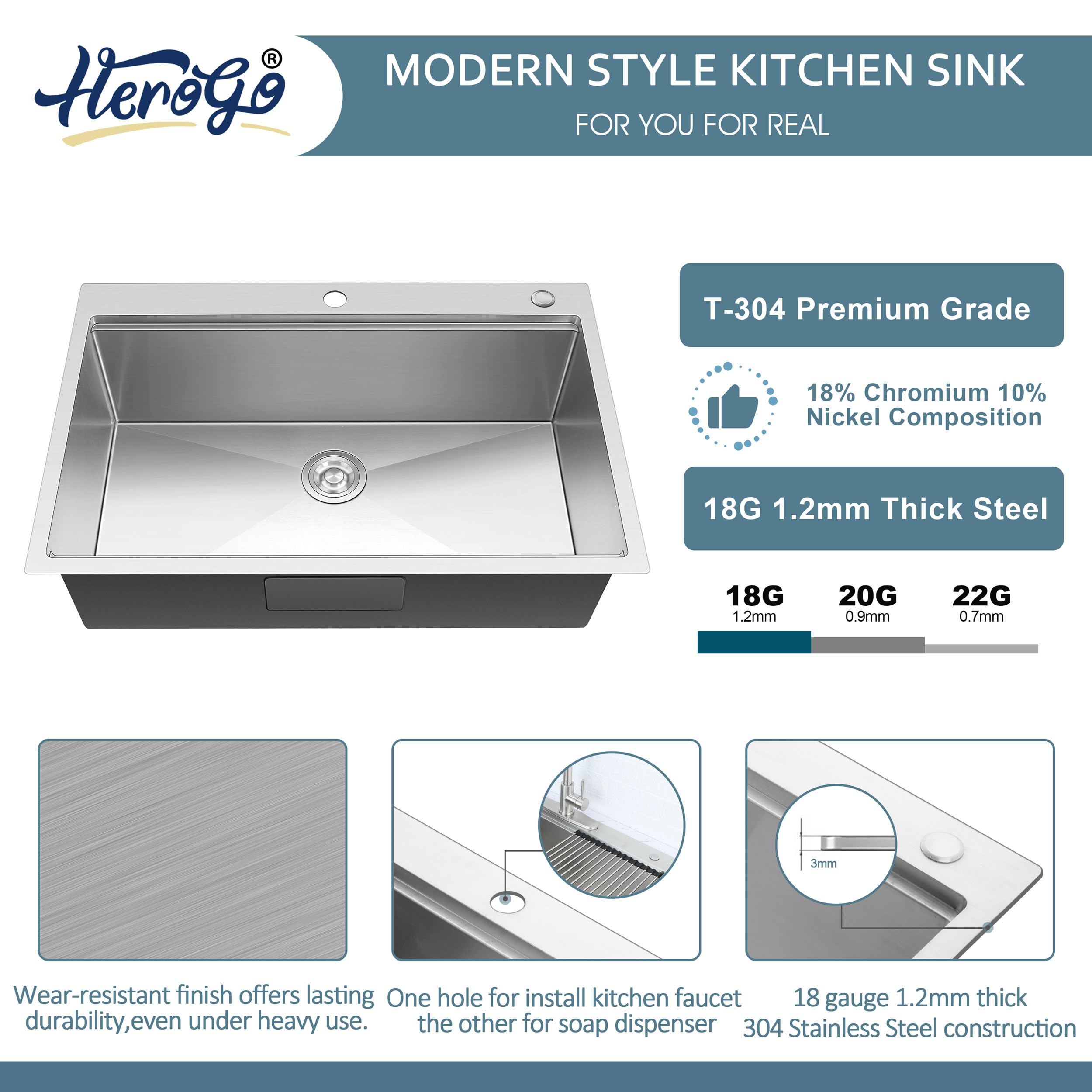 33x22 Inch Drop-In Kitchen Sink - Herogo 10