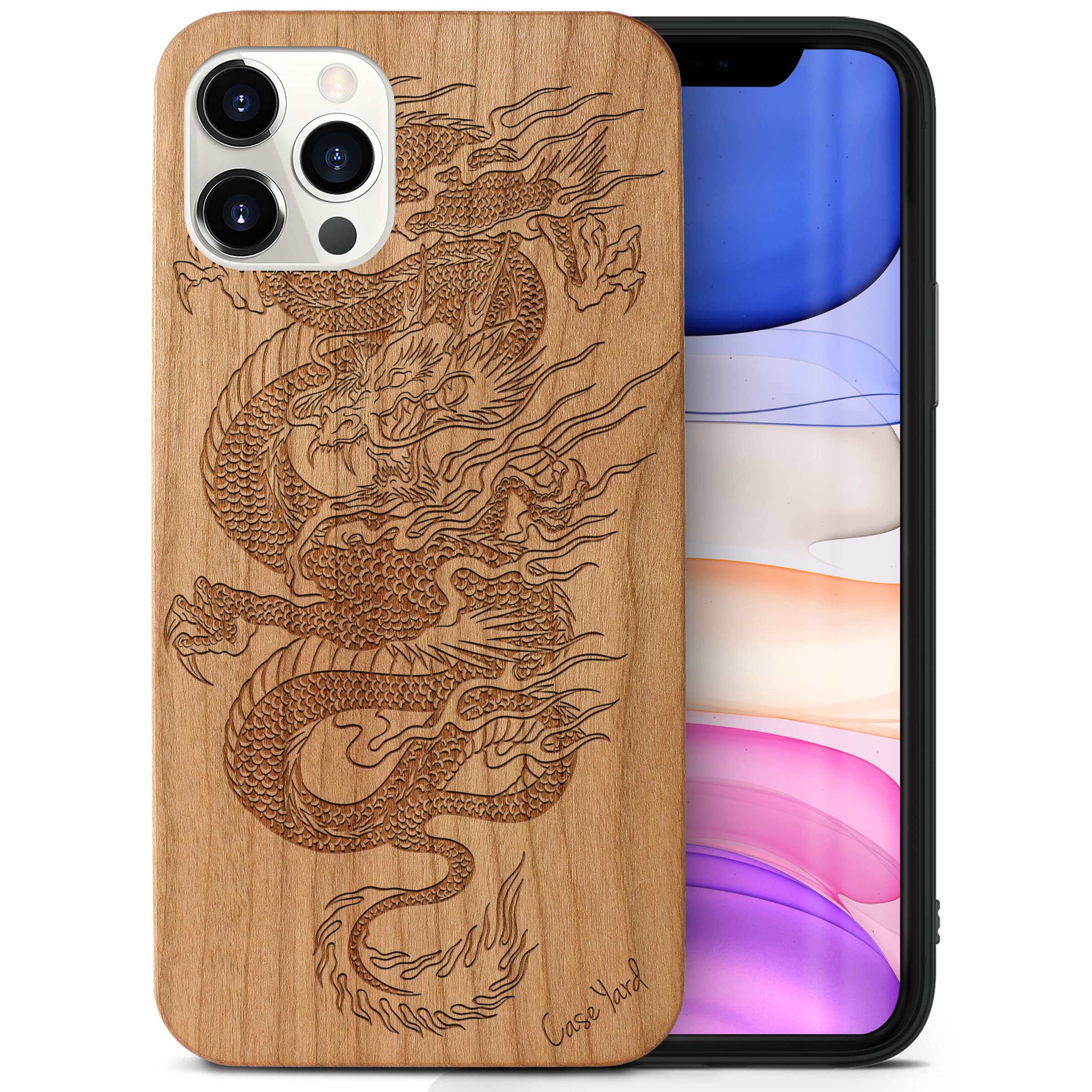 CaseYard Cherry Wood Phone Case for iPhone 12 Pro Max - Laser Engraved Dragon Design, Slim Fit Shockproof Protective Cover for Men & Women | Perfect for Outdoor Adventures, Office Use & Daily Protection