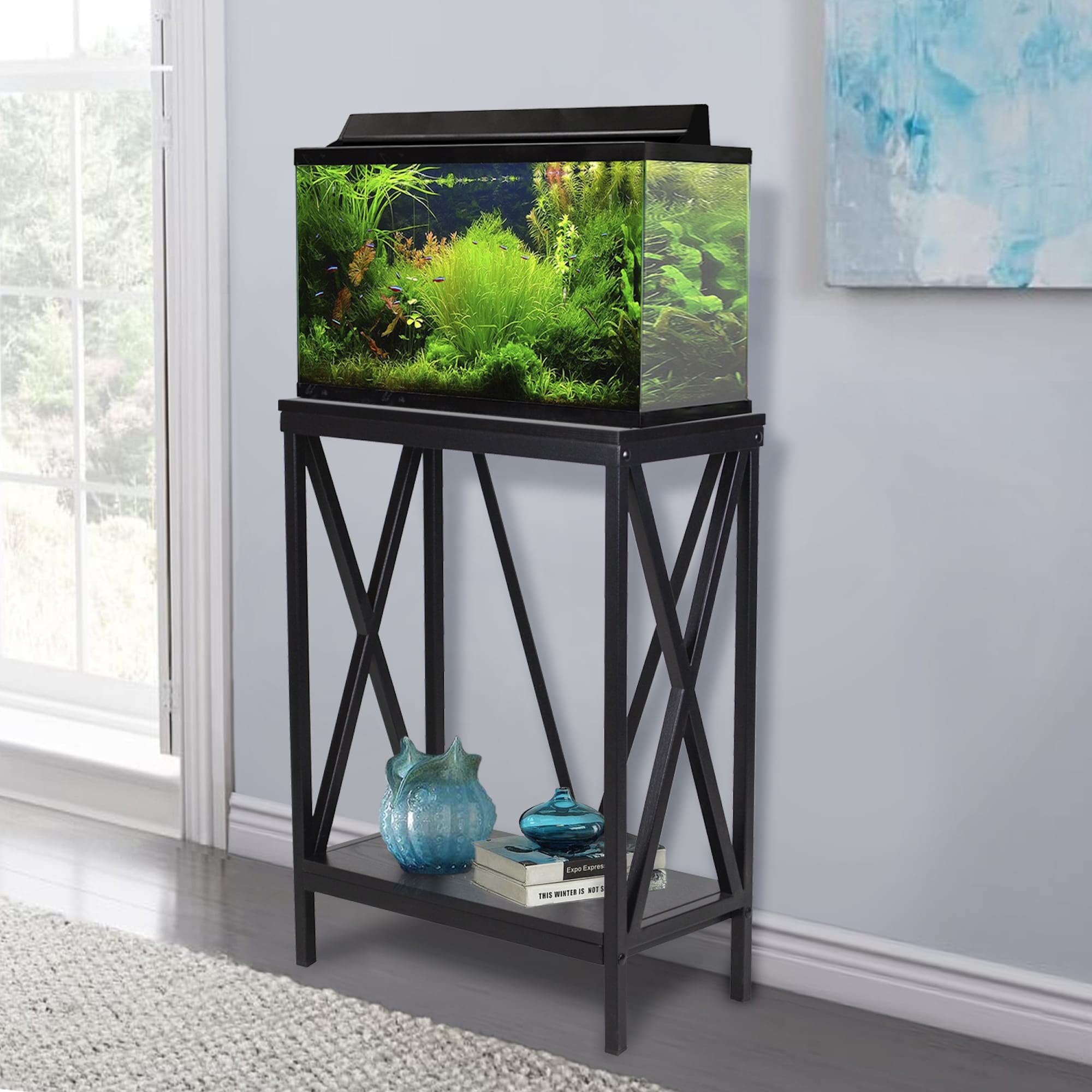 10 Gallon Steel Aquarium Stand with Lower Shelf - Black | Heavy Duty Fish Tank Cabinet for Home & Office | Perfect for Small Aquariums, Reptile Terrariums & Pet Storage