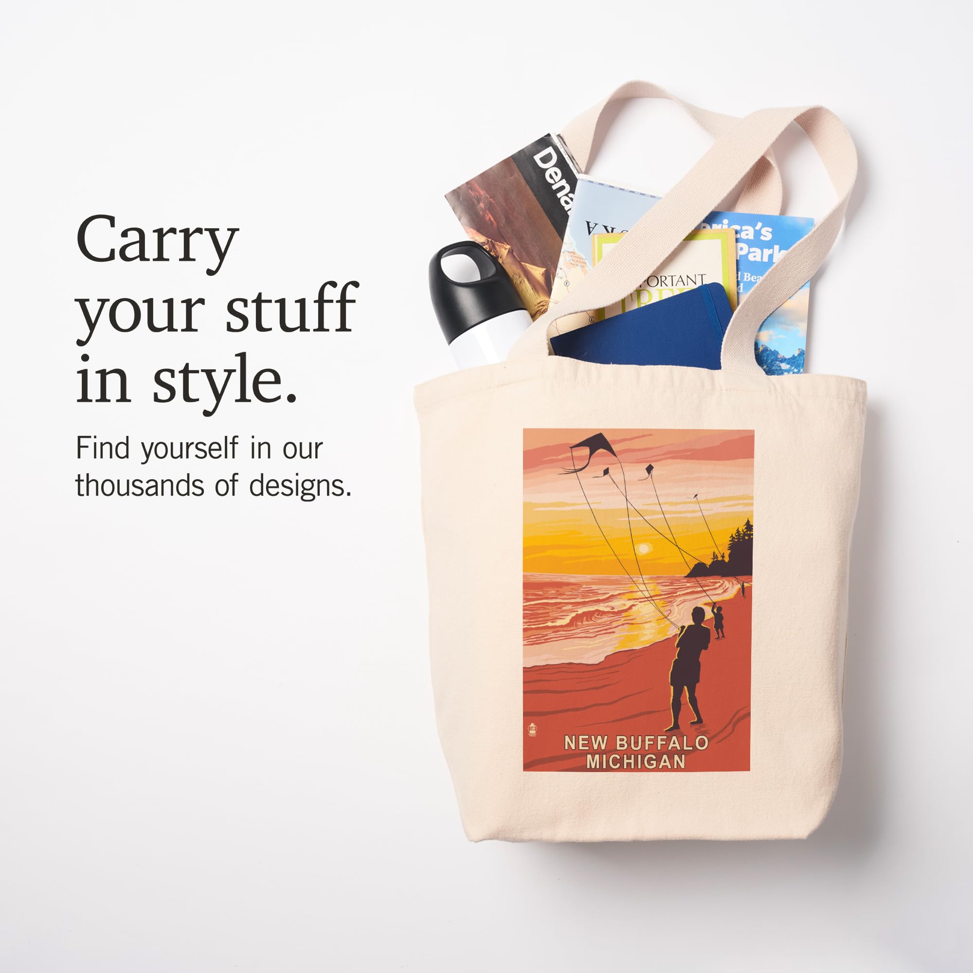 Lantern Press New Buffalo Michigan Beach and Kites - 100% Cotton Canvas Reusable Tote Bag for Shopping, Beach Trips & Everyday Use