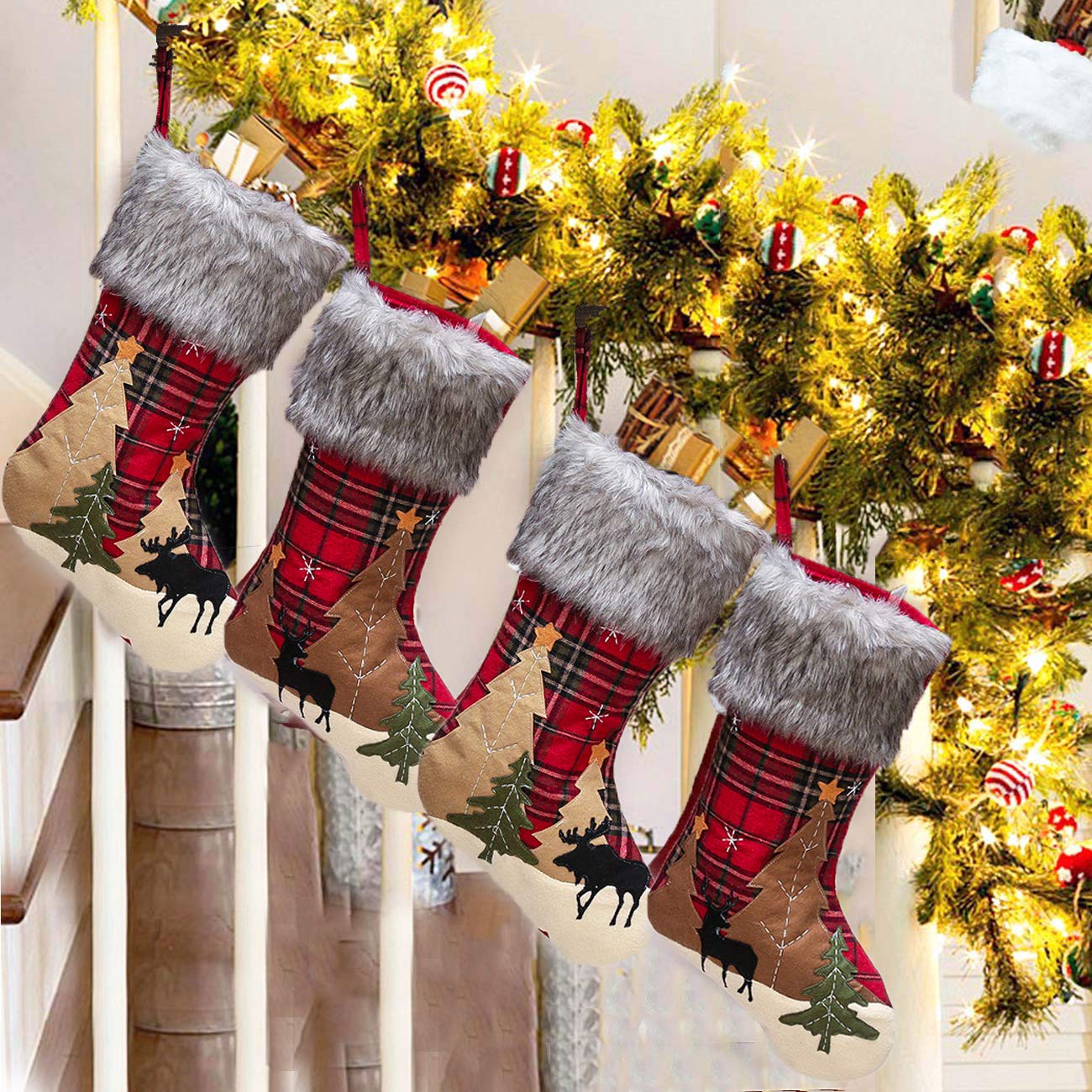 **18 Inch Plaid Plush Christmas Stockings - Set of 4, Rustic Burlap & Flake Fur Holiday Decor for Family, Xmas Party, Fireplace Mantel (Plaid Elk & Reindeer Design)**    *Perfect for festive home décor, gift stuffing, and cozy holiday gatherings!*