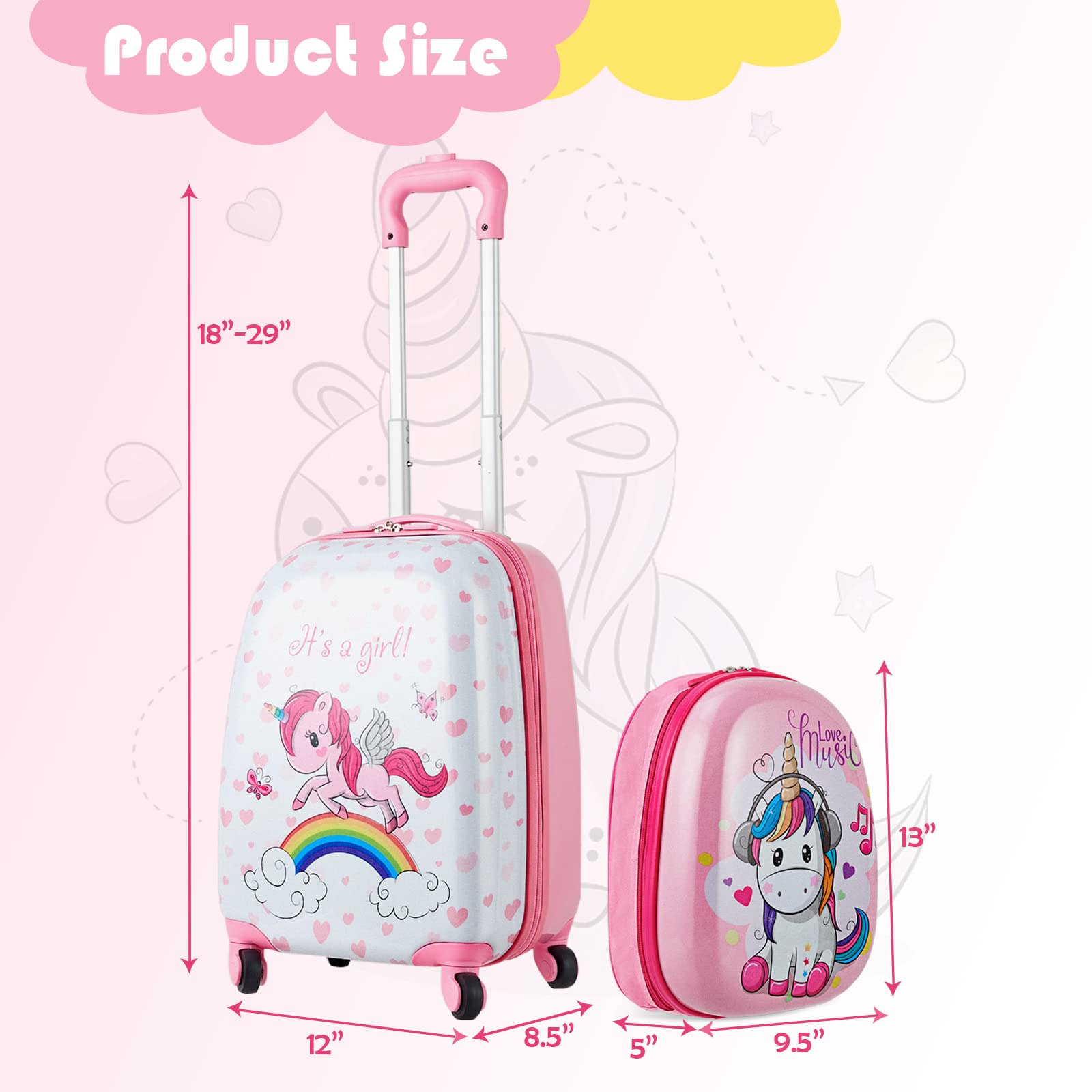 Olakids 12’’ Kids Travel Backpack & 16’’ Wheeled Carry-On Suitcase Set for Boys & Girls - 2-Piece Spinner Luggage with Wheels | Perfect for Airplane Trips, Family Vacations & School Travel (Unicorn Design)