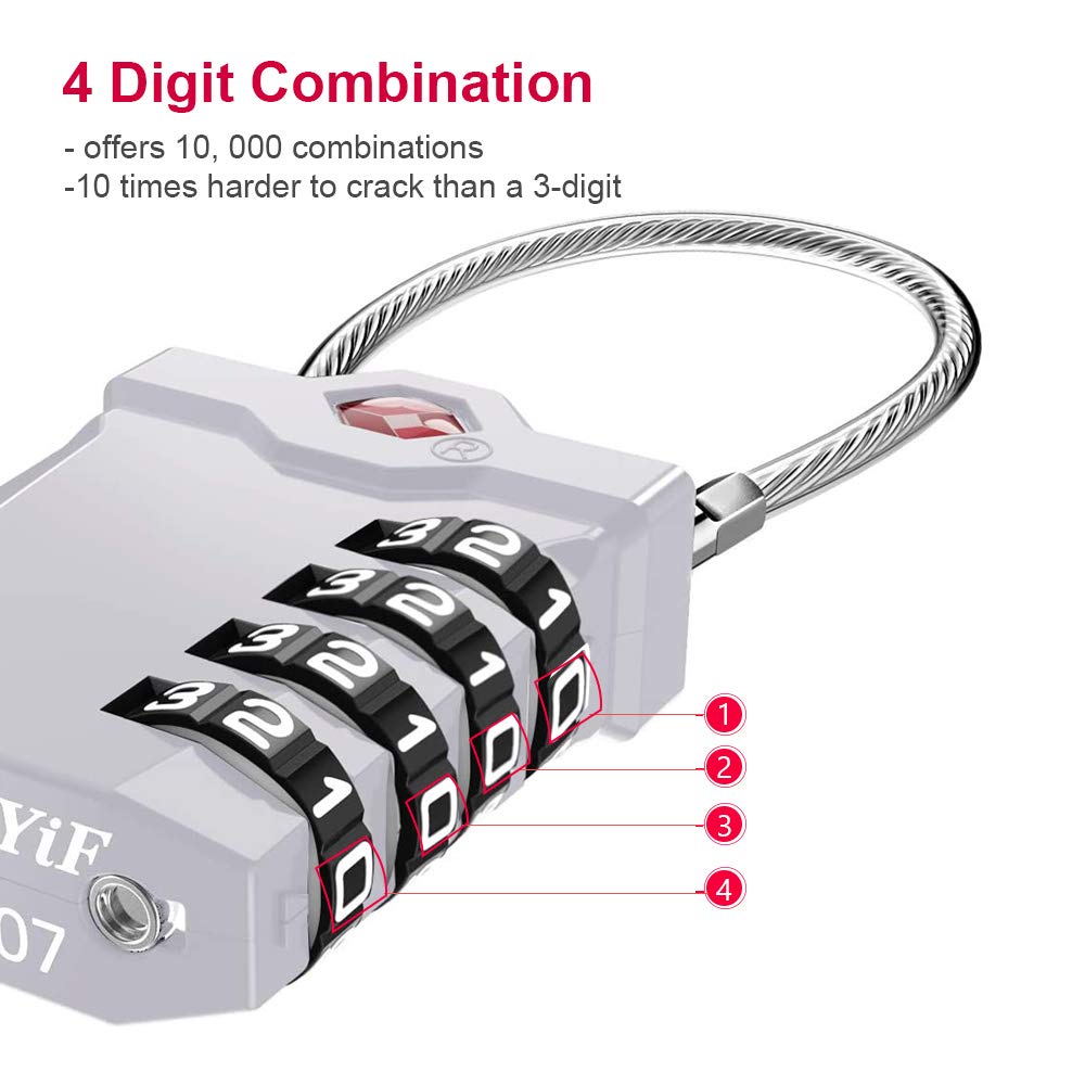 TSA Approved 4-Digit Combination Luggage Locks - Flexible Cable Travel Lock with White Numbers for Suitcases, Gym & School Lockers (Silver) | Secure Your Bags During Air Travel, Gym Sessions & Campus Life