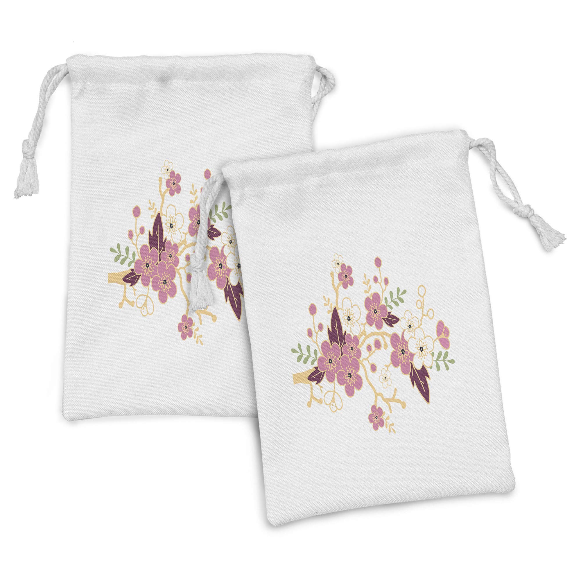 Ambesonne Almond Blossom Fabric Pouch Set of 2 - Japanese Garden Inspired Floral Drawstring Bags (9
