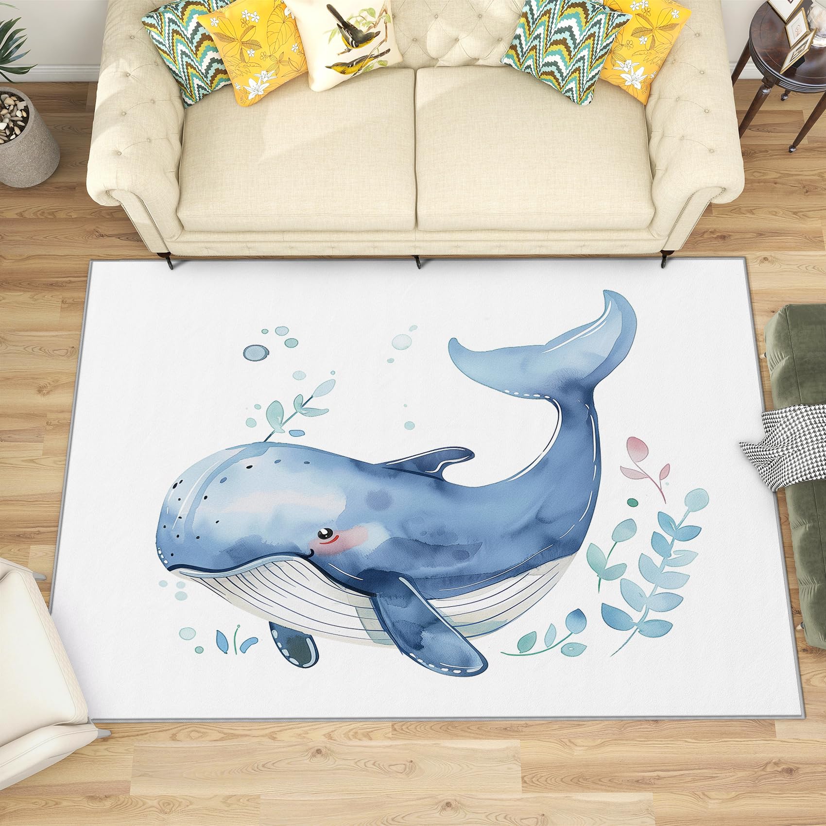 5x6 Whale Rug - Cute Cartoon Sea Animal Area Rug for Living Room, Bedroom & Nursery - Washable, Non-Slip Soft Low Pile Watercolor Carpet - Perfect for Kids Room Decor, Home Decor & Gifts (Ideal for Playrooms, Coastal Themed Spaces & Baby Shower Presents)