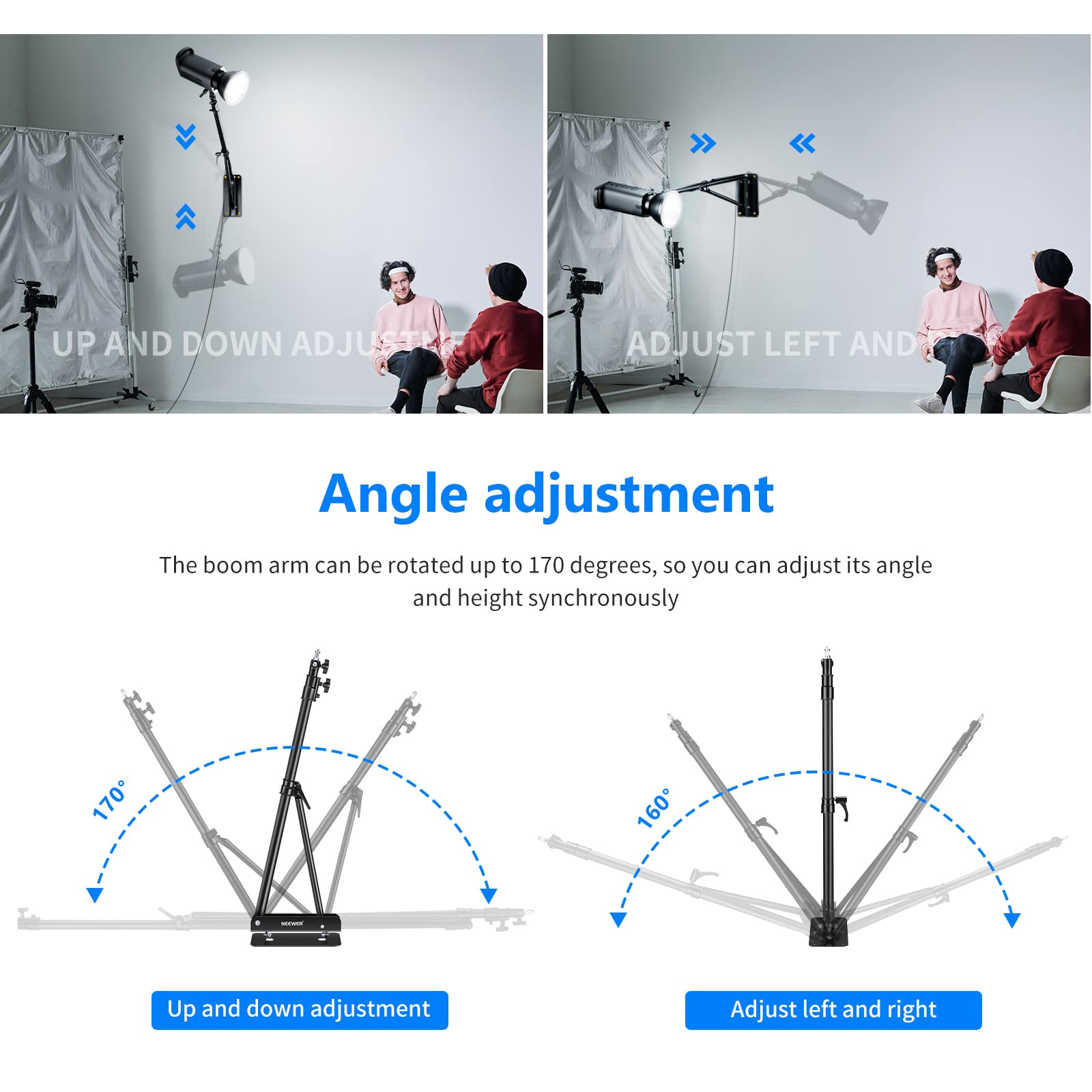 Neewer 2-Pack Adjustable Photography Boom Arm - 180° Rotation Studio Light Stand Mount for Strobe Lights, Monolights, Softboxes & Umbrellas (70.8in/180cm, Black) - Perfect for Home Studios & Professional Photography Setups
