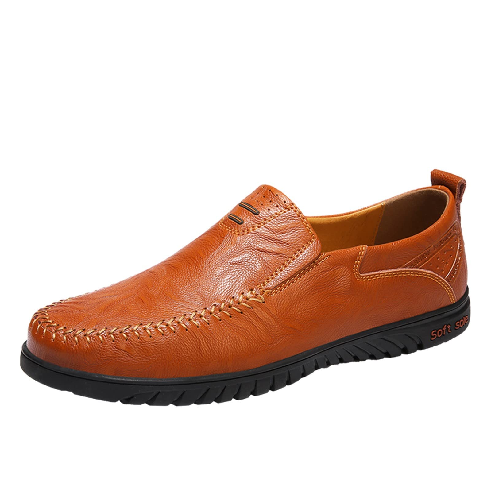 British Style Men's Leather Slip-On Shoes - Soft Sole Flat Heel Low Top Brown Casual Shoes for Men | Perfect for Office, Business, and Daily Wear