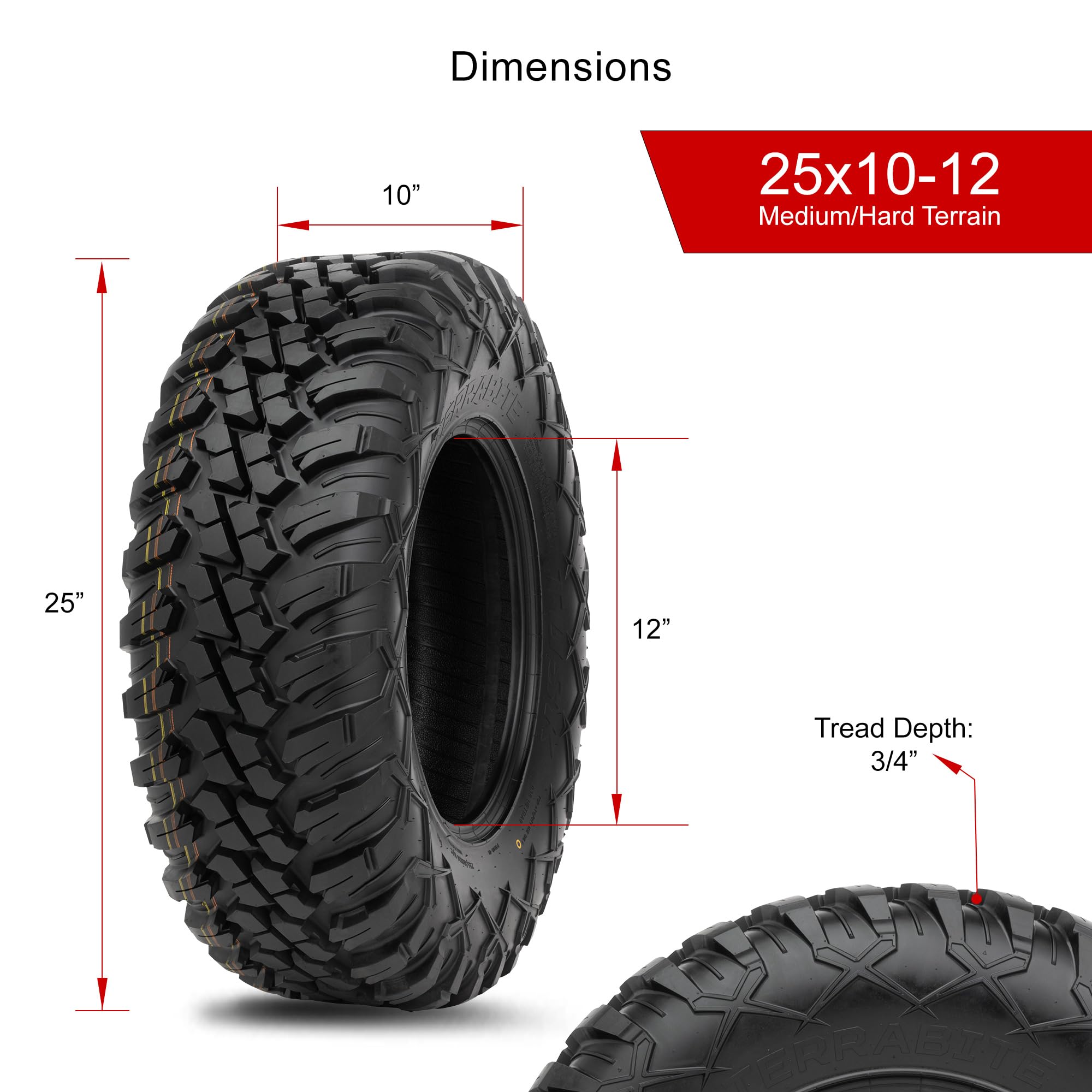 Tusk Terrabite Radial Tire 25x10-12 for ATV/UTV - Medium/Hard Terrain Off-Road Performance | Ideal for Trail Riding, Mudding & Rocky Adventures