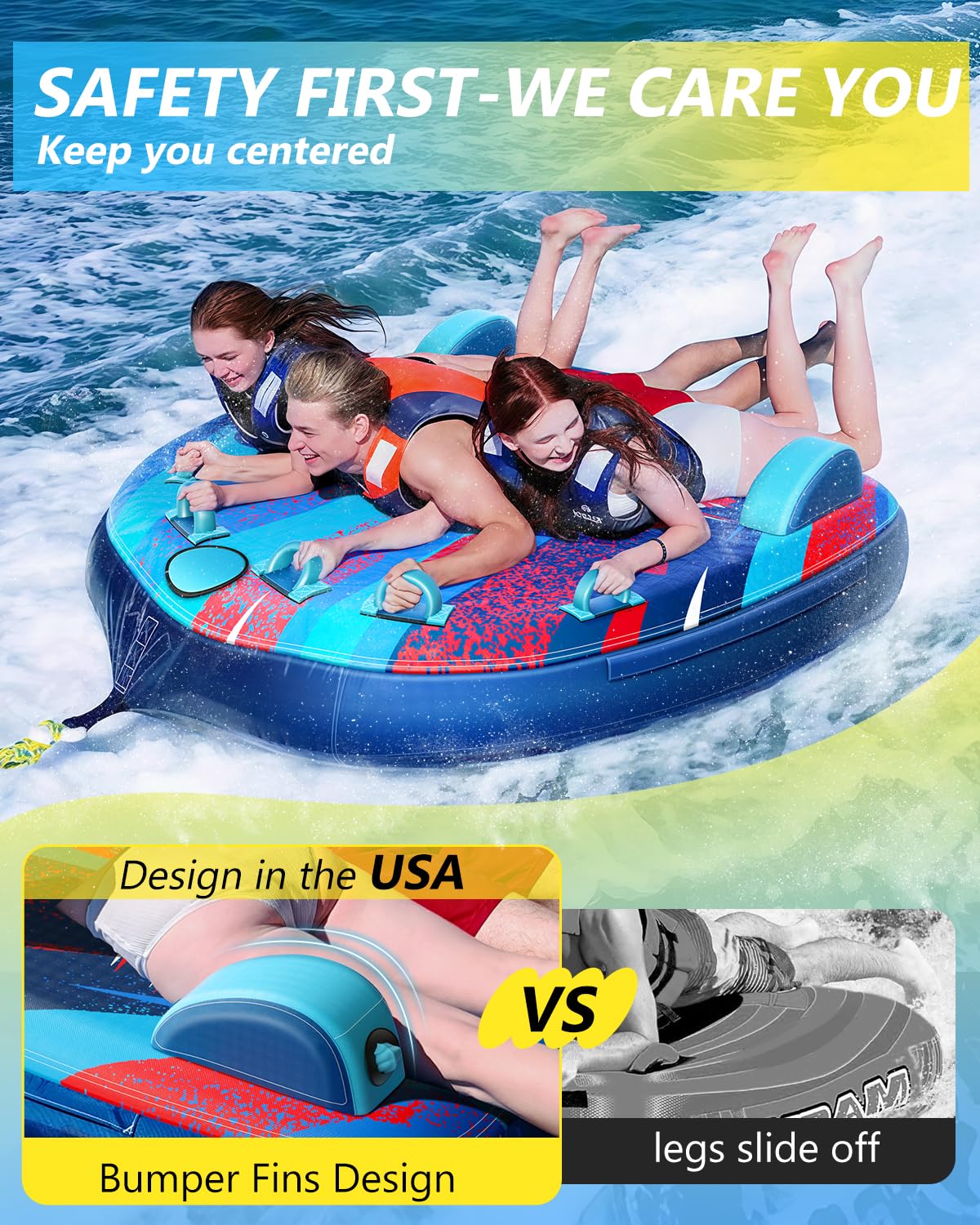**Heavy Duty Inflatable Towable Tube for Boating - 1-3 Riders, Speed Water Sport Tube with Zippered Nylon Cover, Bolster Fins & Safety Air Valve - Perfect for Lake, River & Ocean Fun**