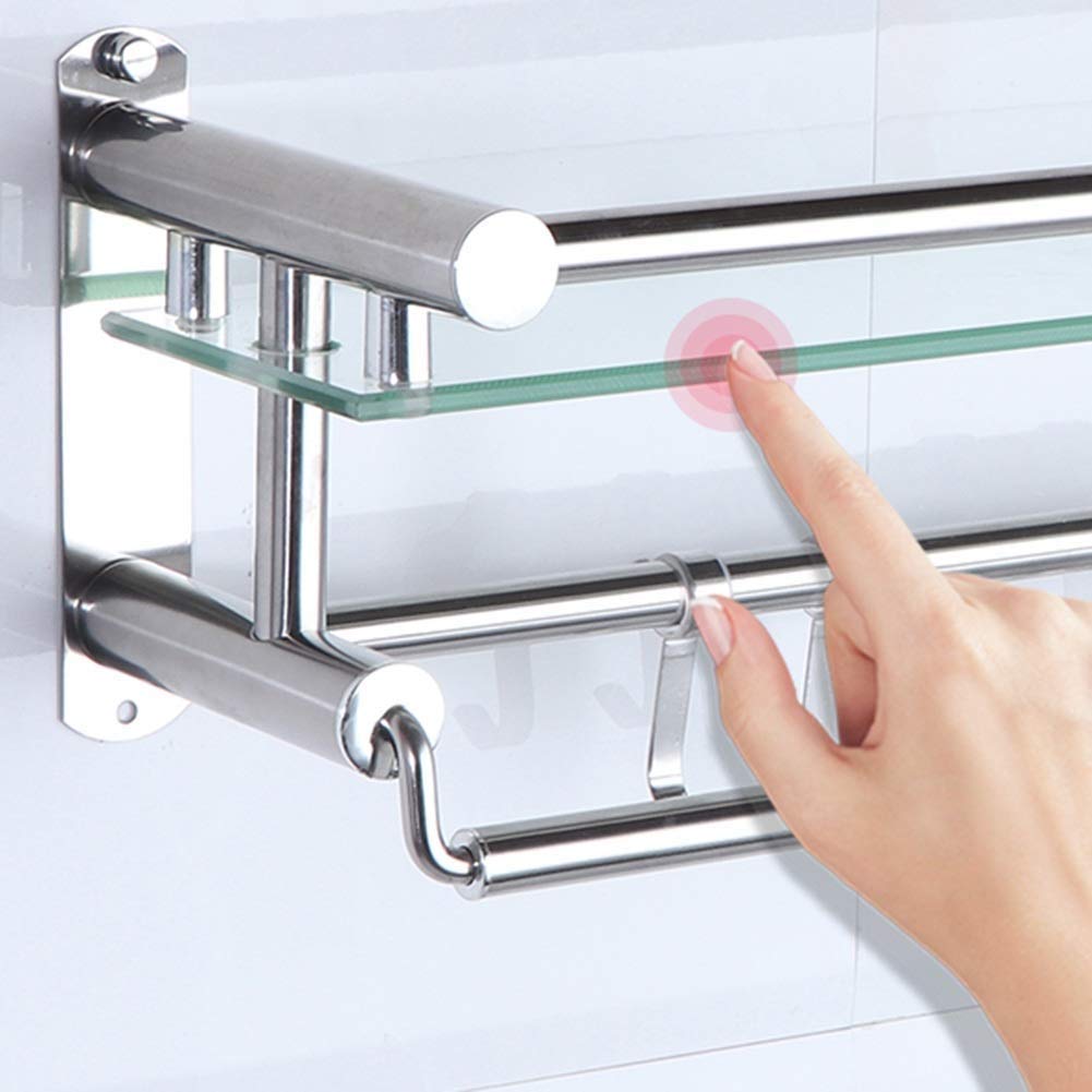 2-Tier Adjustable Bathroom Shelf with Towel Rail & Shower Holder - Space-Saving Storage for Shampoo, Soap & Towels - Perfect for Small Bathrooms & Shower Rooms