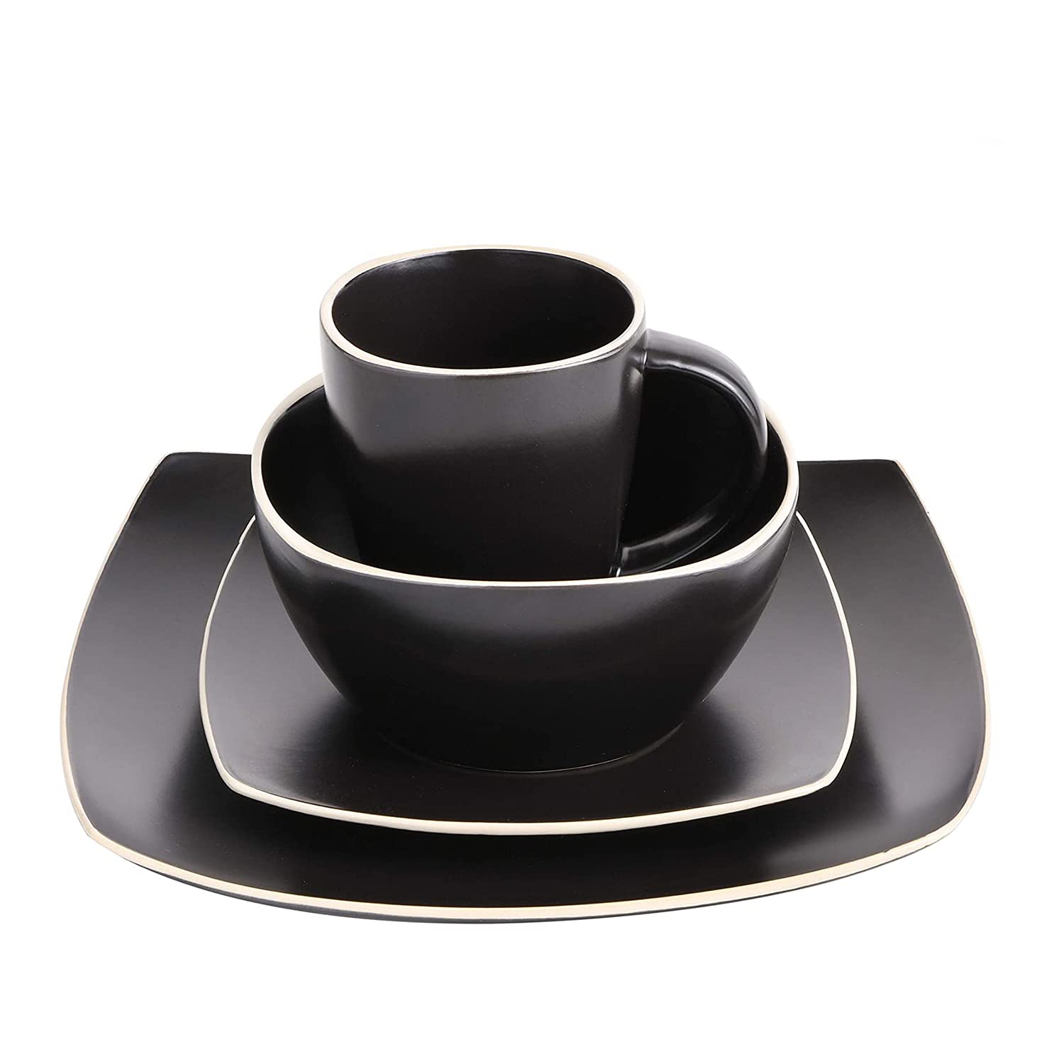 Gibson Elite 102261.16RM Soho Lounge 16-Piece Dinnerware Set for 4 - Matte Black with White Rims (2 Pack) | Includes Dinner Plates, Dessert Plates & Mugs | Perfect for Family Dining, Dinner Parties & Restaurant-Style Entertaining