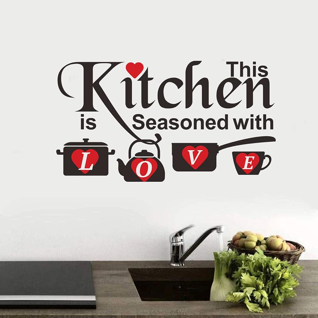 Kitchen Wall Decals - Family Love Quotes Vinyl Stickers, 'This Kitchen is Seasoned with Love' Wall Art for Dining Room, Restaurant & Cafe Decor
