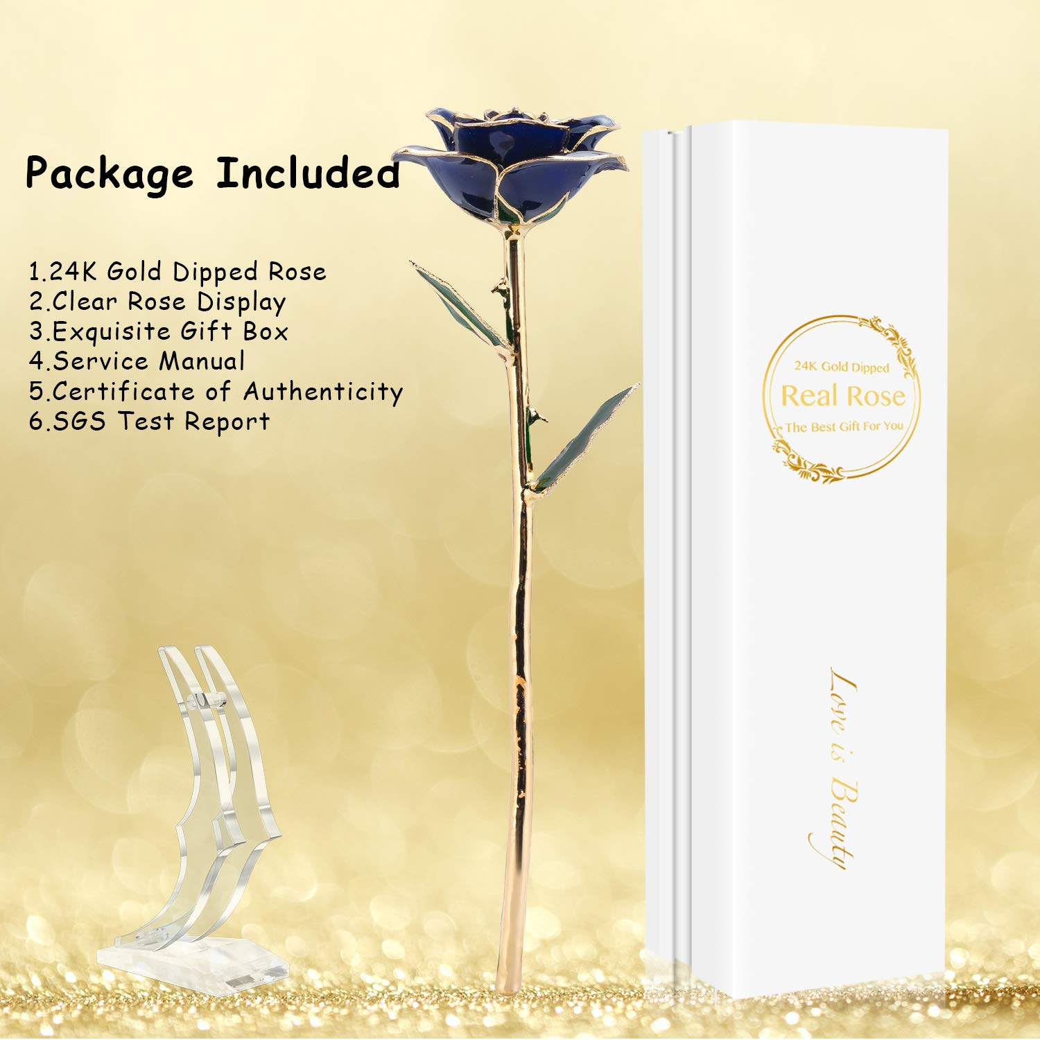 24K Gold Plated Real Fresh Long Stem Rose in Blue - Luxurious Birthday Gift for Her with Display Stand | Romantic Anniversary, Valentine's Day & Special Occasion Present