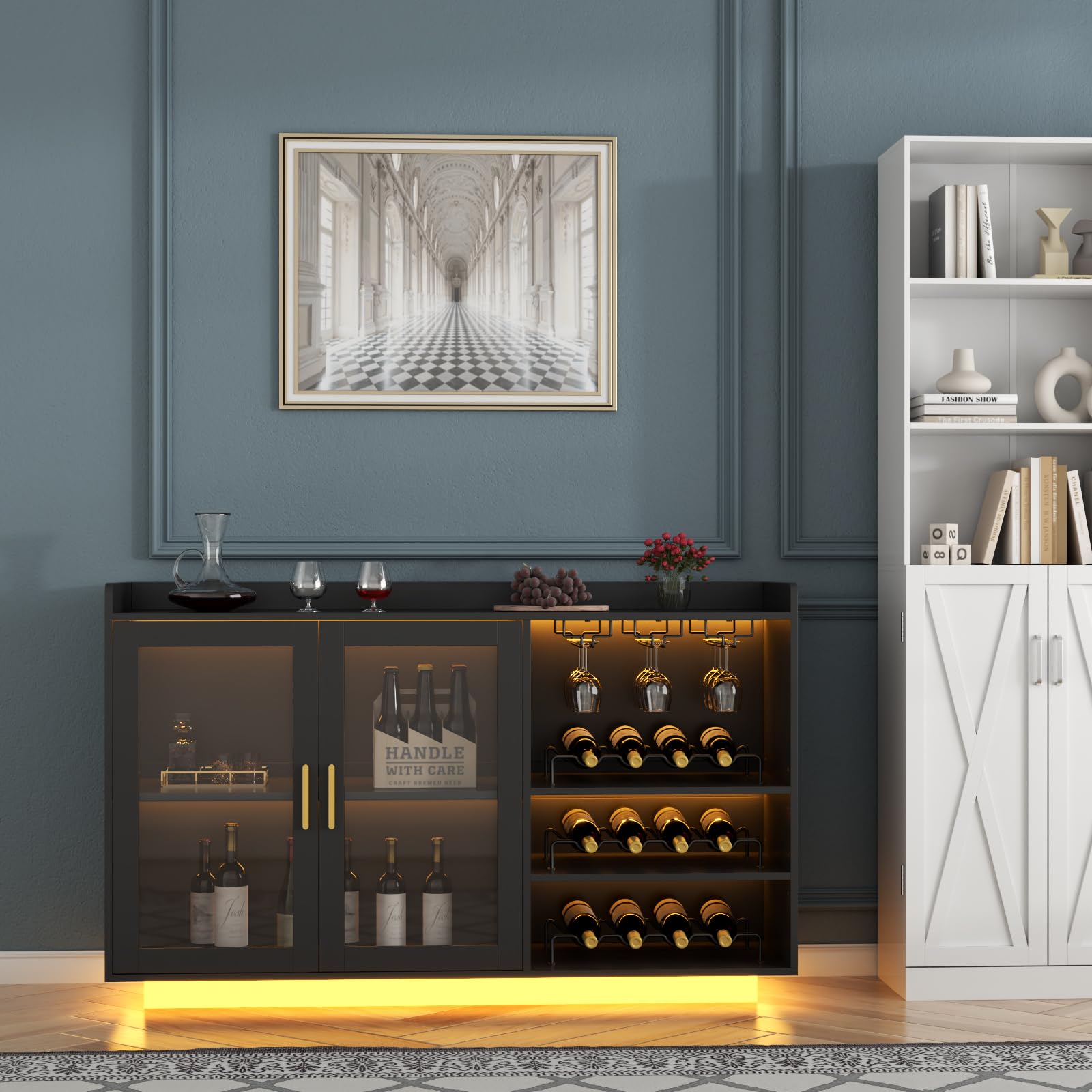 Modern Floating Wine Bar Cabinet with LED Lights - Glass Rack & Removable Wine Racks - Kitchen Buffet Sideboard with Storage Shelves & Glass Doors - Perfect for Home Bar, Dining Room, or Kitchen Counter Organization - Black