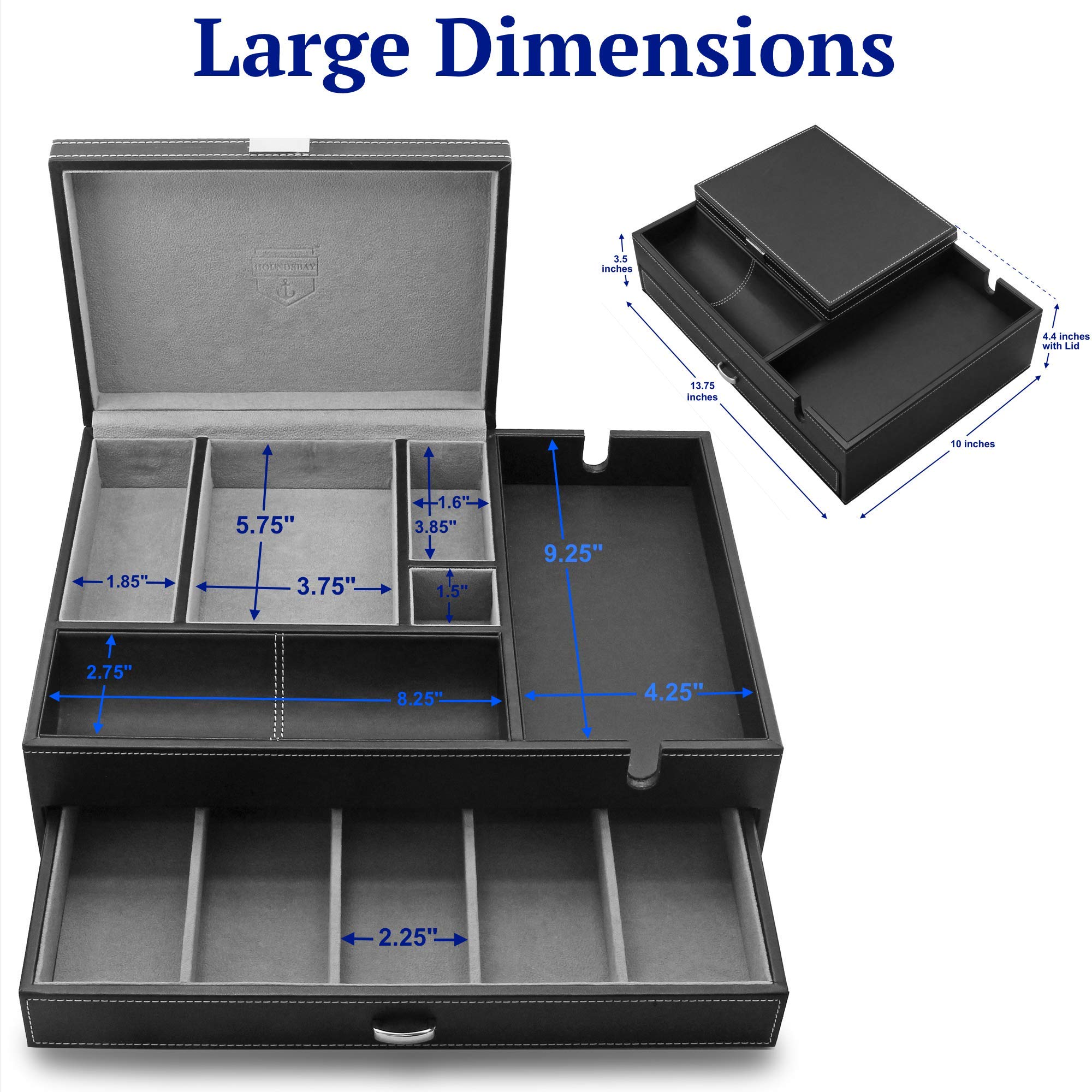 Men's Jewelry Box Organizer & Valet Tray - Wooden Watch Case Holder with Key Tray - Nightstand Organizer for Rings, Watches & Accessories - Perfect for Bedroom, Dresser & Travel Storage