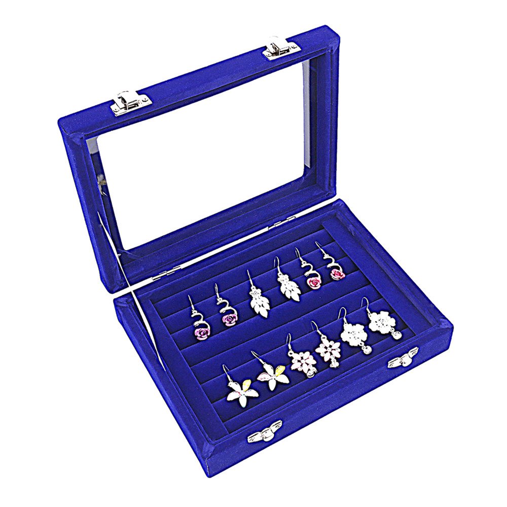 Velvet Jewelry Display Box - Glass Top Ring Earrings Organizer with 2 Clasps - Perfect for Jewelry Storage, Showcase & Travel Accessories