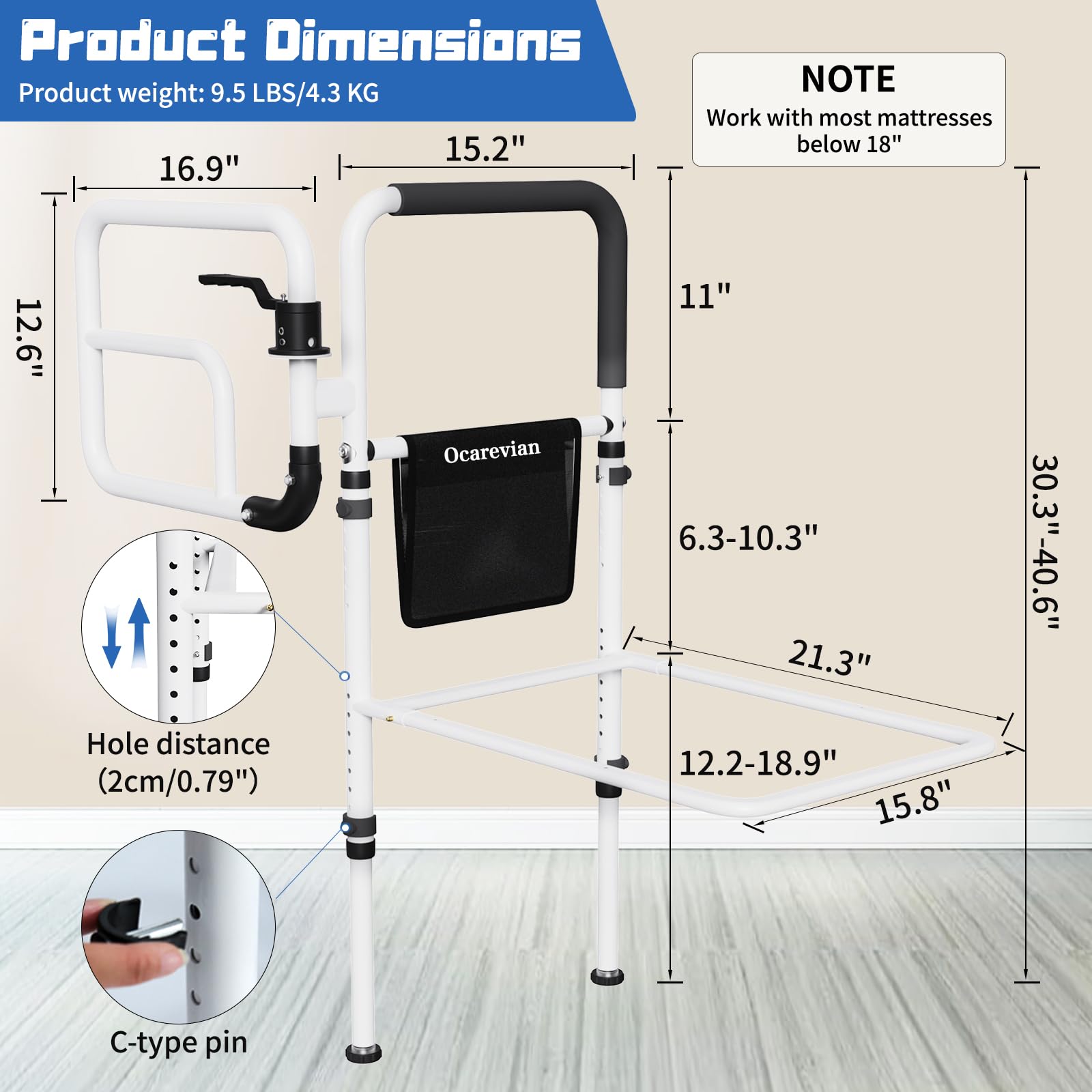 Elderly Bed Safety Rails for Adults & Seniors - Adjustable Bed Guard Rails with Storage Pouch for King, Queen, Full & Twin Size Beds - Perfect for Fall Prevention & Assisted Sleeping