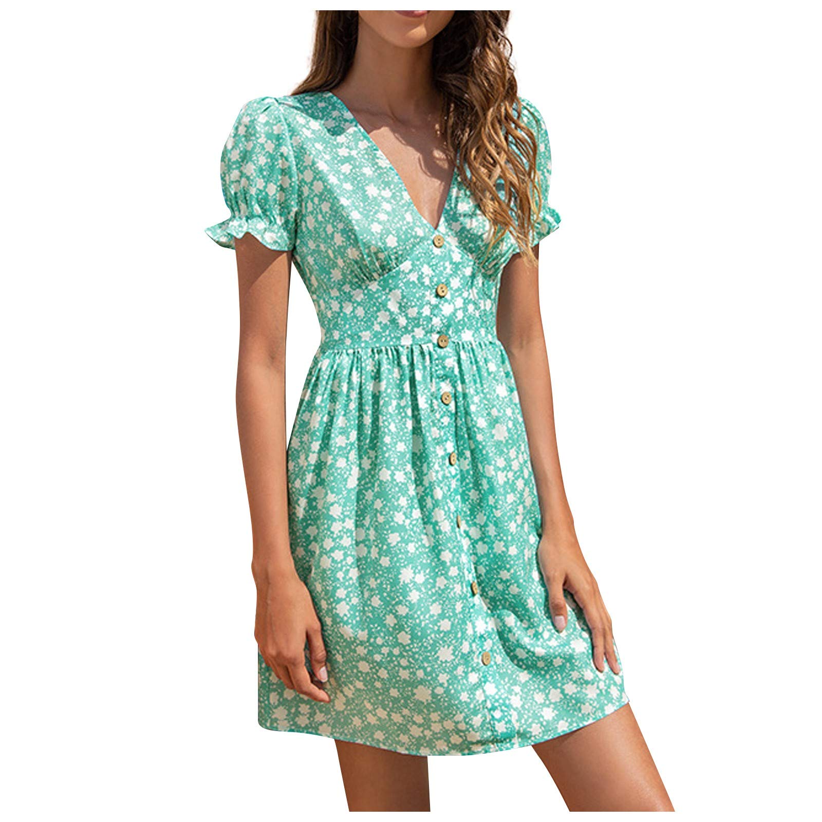 Women's Floral Summer Mini Dress with Puff Sleeves & Ruffles - Elastic Waist Casual Beach Dress for Women | Perfect for Vacation, Pool Party & Summer Outings