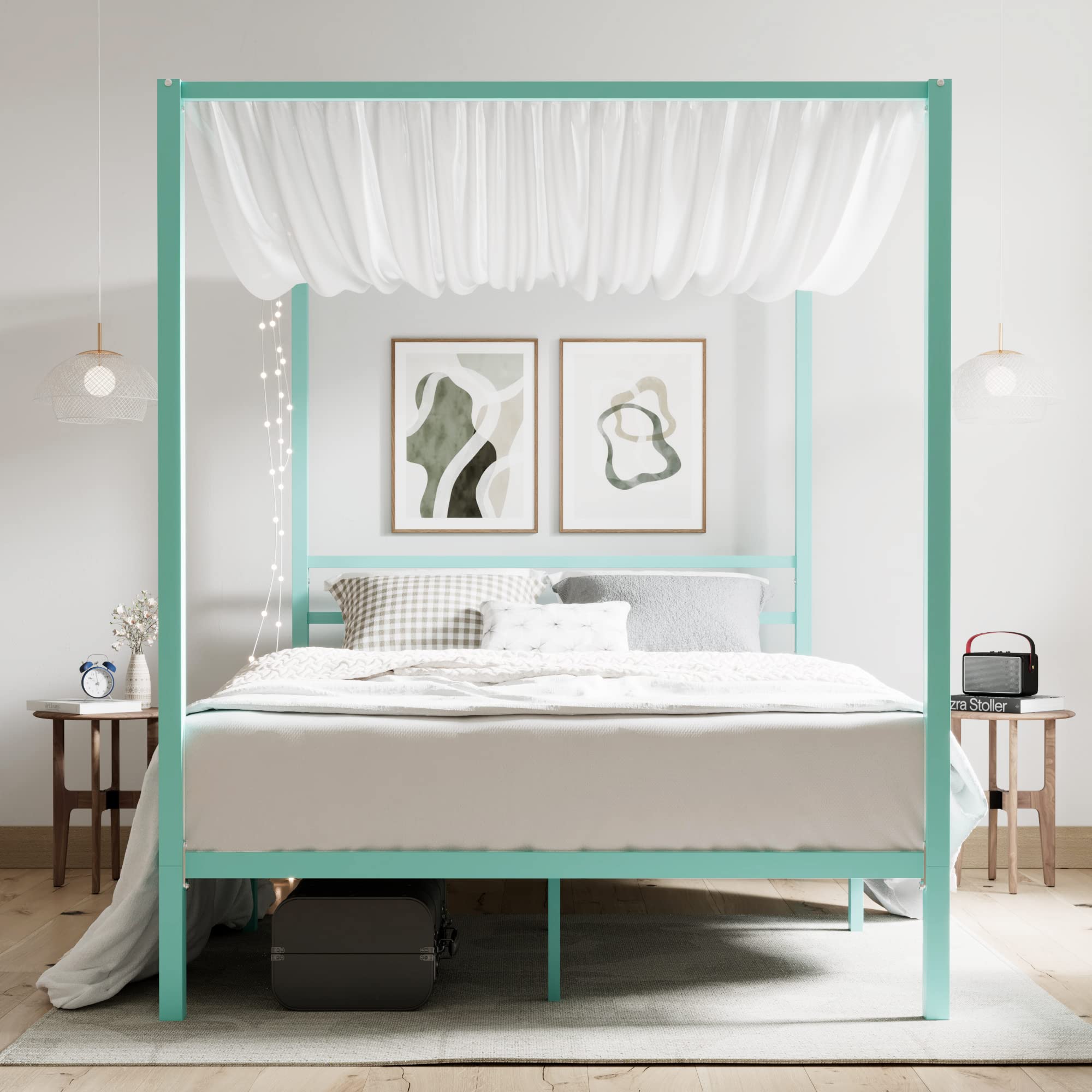 Full Size Metal Canopy Bed Frame with Wood Slat Support - Modern Platform Bed for Home Decor