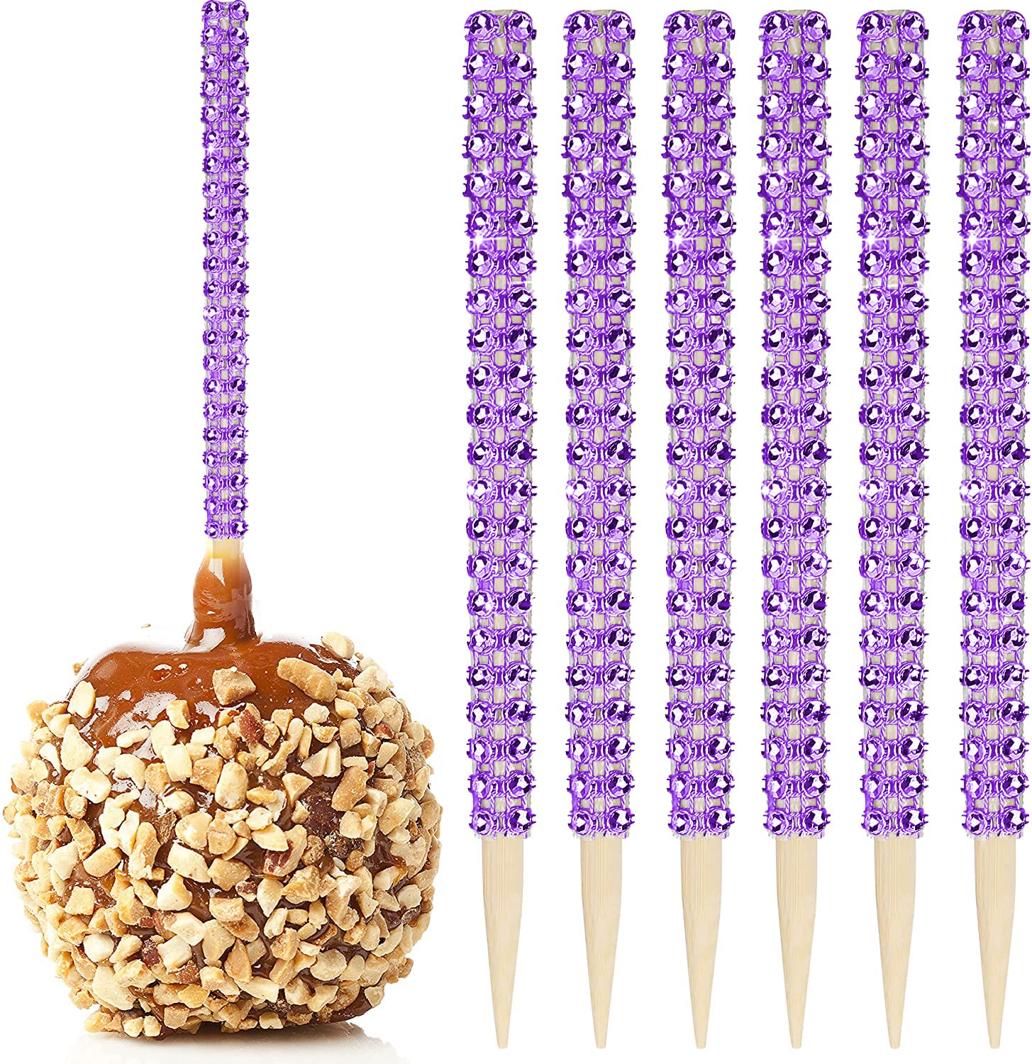 32 PCS Bling Candy Apple Bamboo Sticks - Caramel Apple Wooden Skewers with Rhinestone Diamond Mesh Wrap for Fruit Treats, Dessert Table Decor - Perfect for Tea Party, Birthday, Wedding & Christmas (Purple)