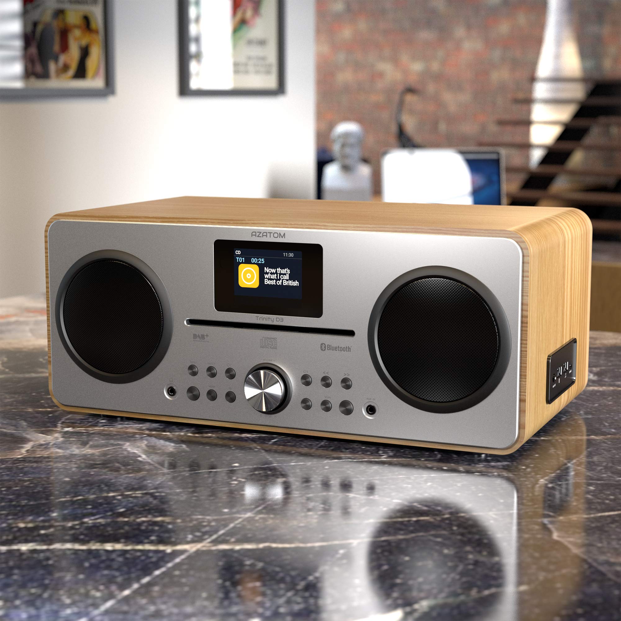 AZATOM Trinity DAB/DAB+ CD Player with FM Radio, Bluetooth 5.0, Stereo Speakers, Digital Clock, USB Charger & Player - Premium Sound Quality (Oak Finish, Refurbished) - Perfect for Home, Office & Bedroom Audio Entertainment