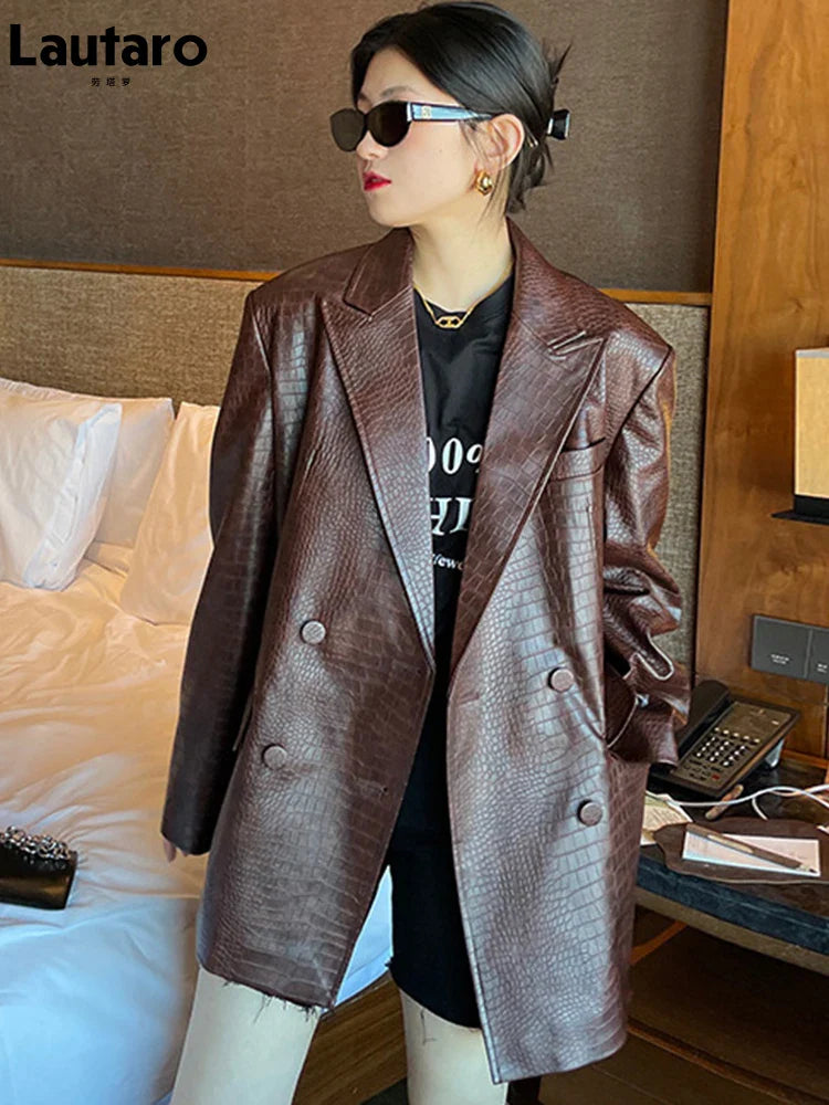 Stylish Oversized Purple Crocodile Print Faux Leather Blazer for Women - Long Sleeve Double Breasted Y2K Fashion Jacket | Perfect for Office Wear, Night Out & Retro Outfits