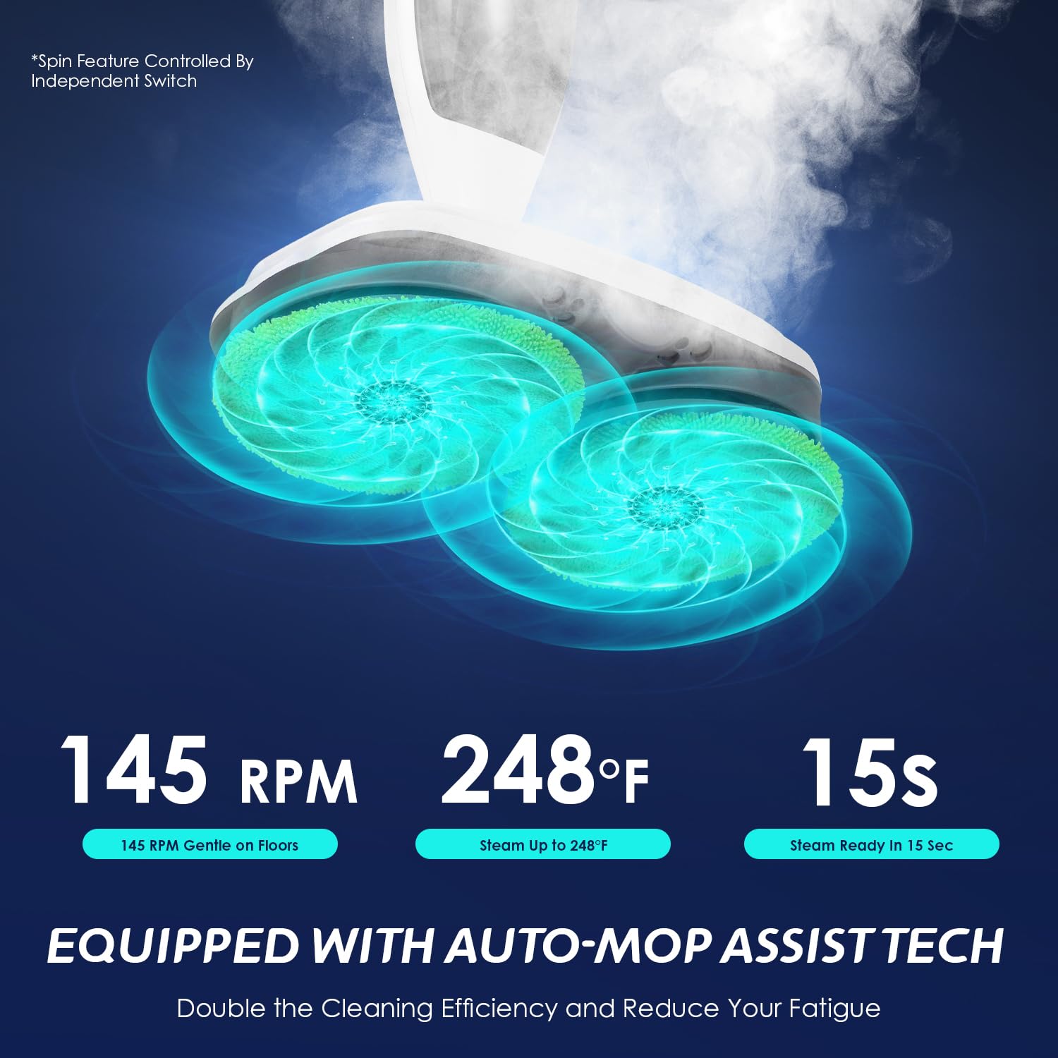 15 in 1 Electric Spin Mop Cleaner with Detachable Handheld Unit - Steam Mop for Hardwood, Laminate Floors, Tile Grout & Car Cleaning - 120V Powerful Steam Cleaner for Home, Kitchen & Bathroom Deep Cleaning
