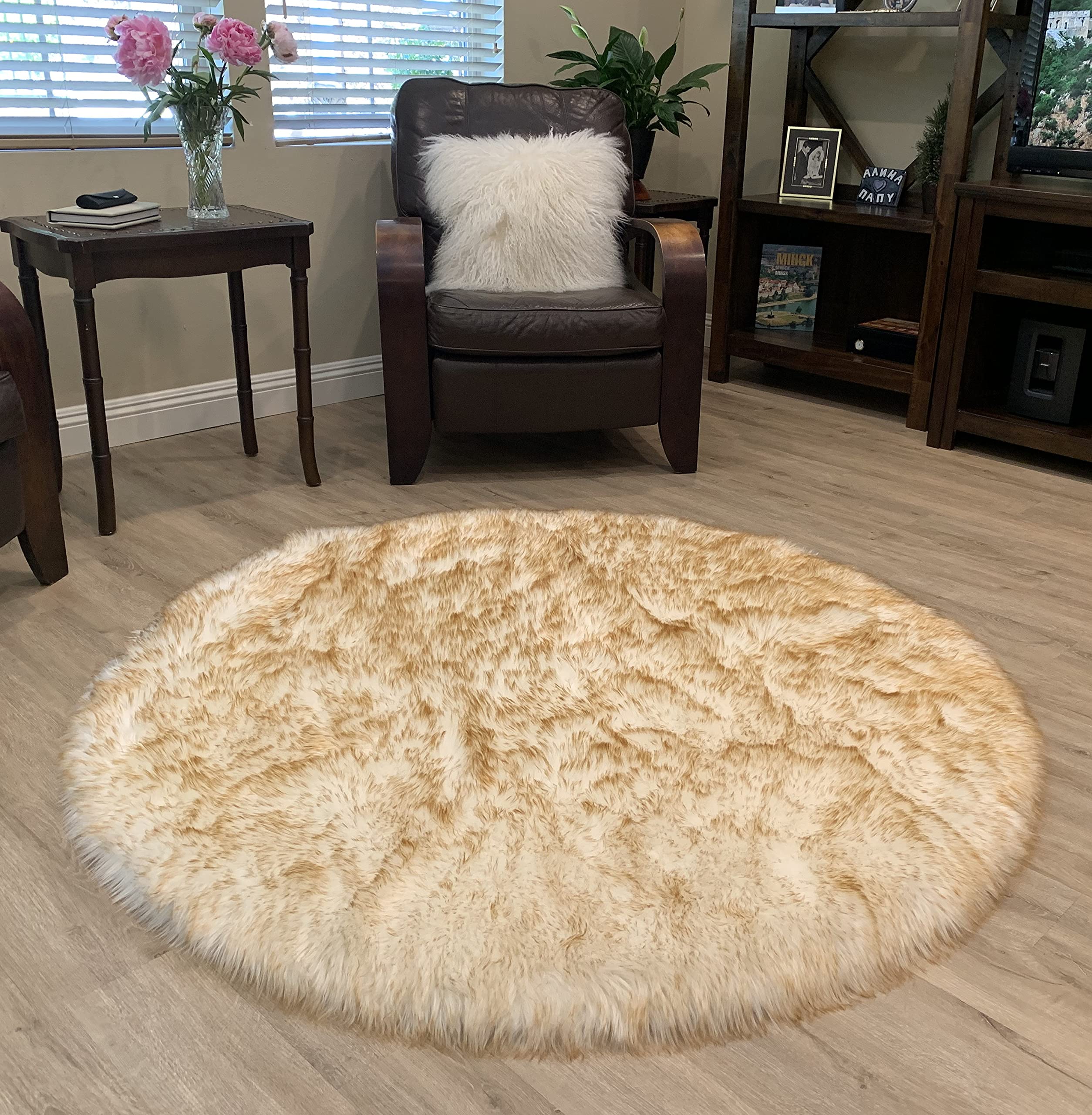 LAMBZY Faux Sheepskin Rug - Super Soft Hypoallergenic Silky Round Shaggy Carpet for Living Room, Bedroom, Nursery - 4' White/Brown Tips - Cozy Home Decor for Sofa, Chair & Floor