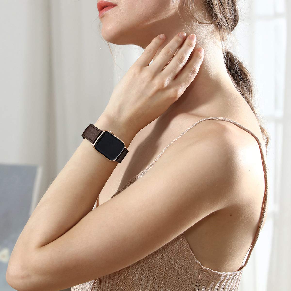 Premium Genuine Leather Apple Watch Bands for Women & Men - Compatible with iWatch Ultra, SE, Series 9/8/7/6/5/4/3/2 (45mm, 44mm, 42mm, 41mm, 40mm, 38mm) - Coffee & Rose Gold - Perfect for Workouts, Office & Everyday Wear