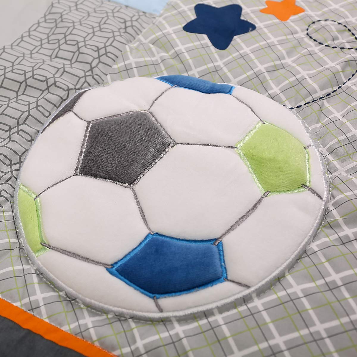 4-Piece Blue Grey Sports Nursery Crib Bedding Set for Baby Boys - Includes Quilt, Fitted Sheet, Skirt & Window Valance | Perfect for Sports-Themed Nursery Decor & Baby Shower Gifts